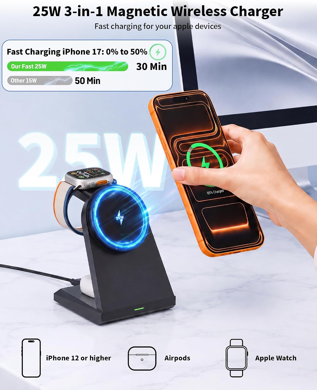 3 in 1 Wireless Charging Station,25W Wireless Charger Stand for Multiple Devices Apple Fast Desk Magnetic Charger Station with USB C Adapter for iPhone 17 16 15 14 13 12 Series/Apple Wacth&AirPods Pro
