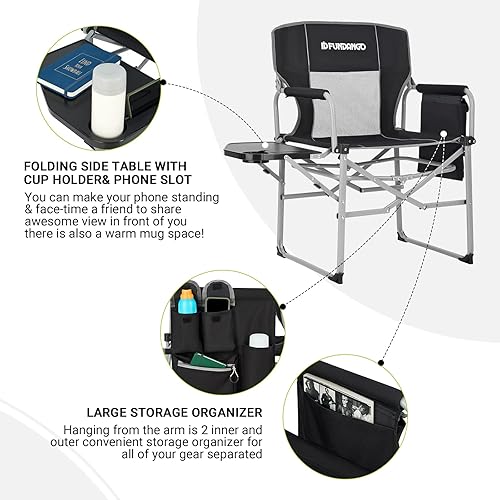 Miniatura 6 de FUNDANGO Silla de director de campamento plegable portátil y ligera con mesa auxiliar, silla de campamento de gran tamaño, silla plegable de