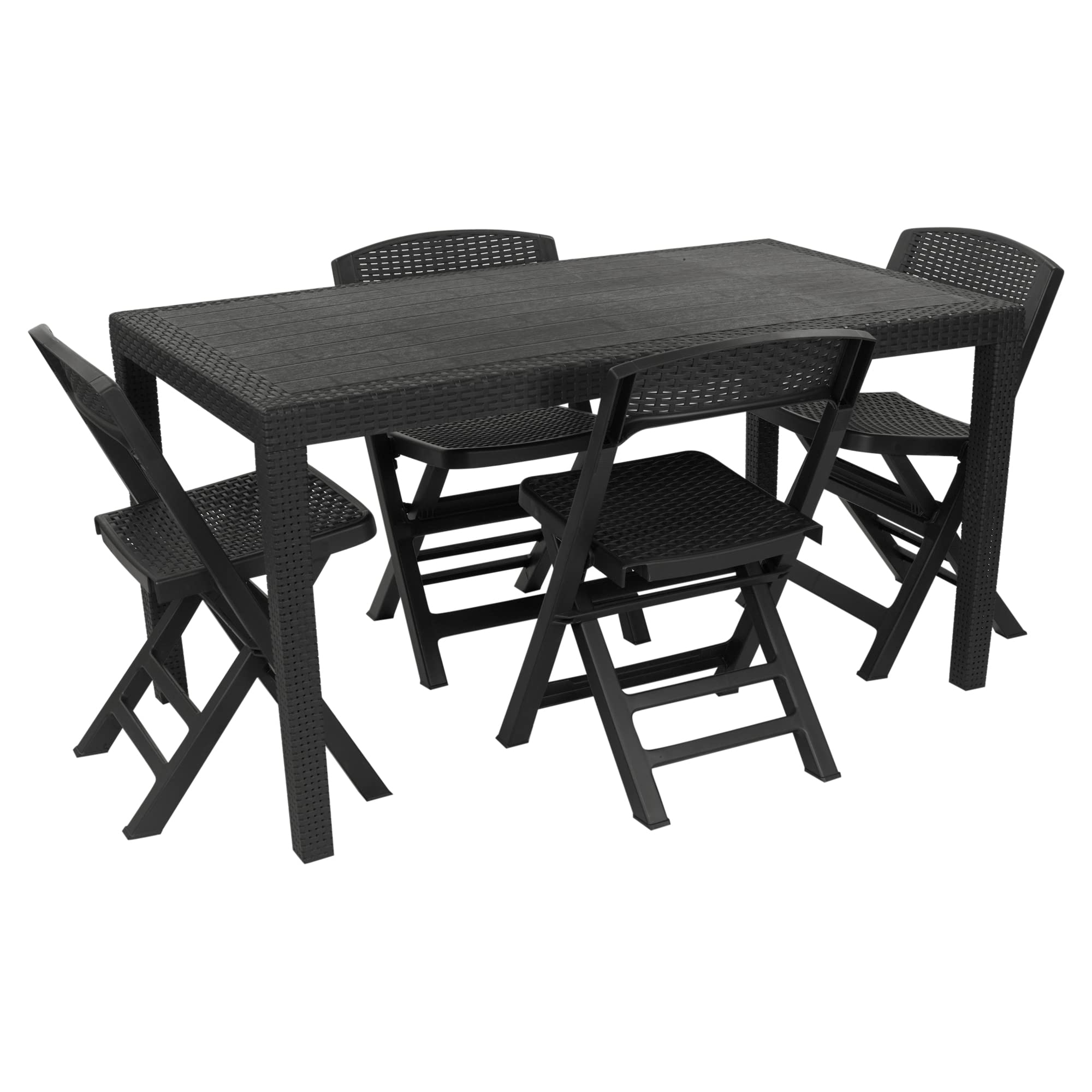 Plastic Rattan Patio Dining Table & Folding Chairs Outdoor Garden Furniture Sets (4, Black)