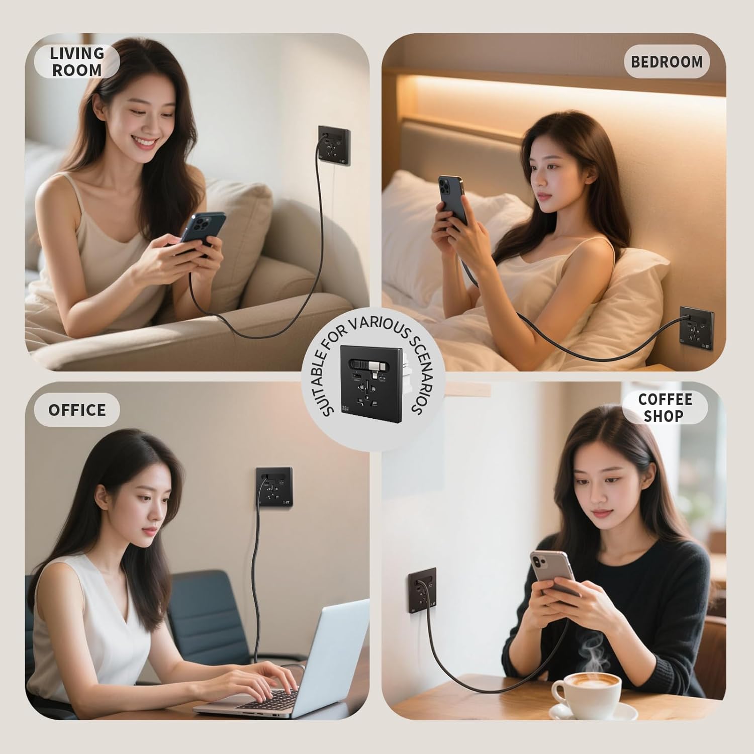 35W GaN Multi Plug Wall Outlet with Retractable Phone Charger for Bedside/Sofa, 4-in-1 Tamper-Resistant in-Wall Socket with Universal AC Port for New Renovations, UL Listed (Include 86-Type Box)