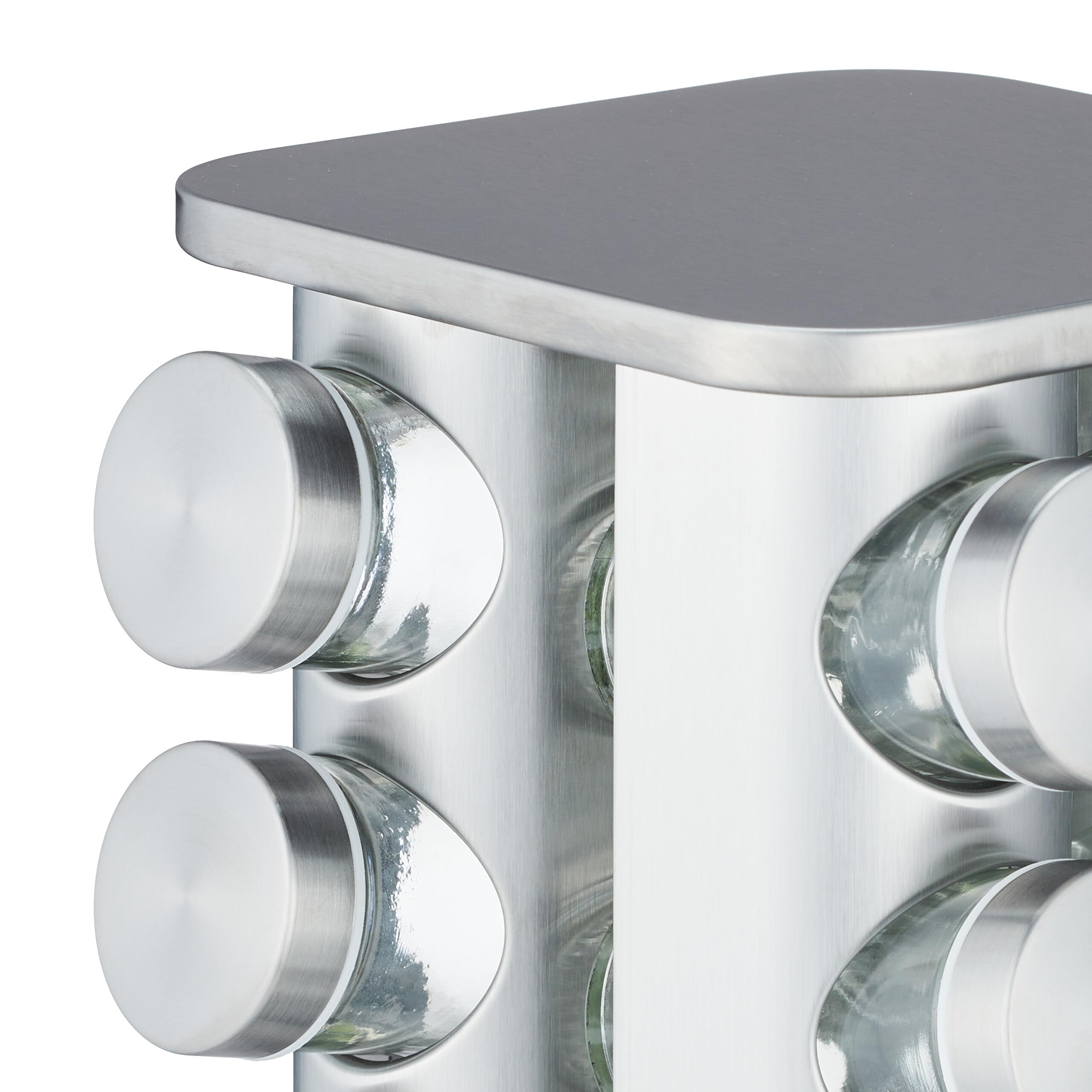 Relaxdays Tourniquet à épices, Acier INOX, 16 Pots en Verre, 40 étiquettes, Rotatif à 360°, HLP : 28x20x20 cm, argenté
