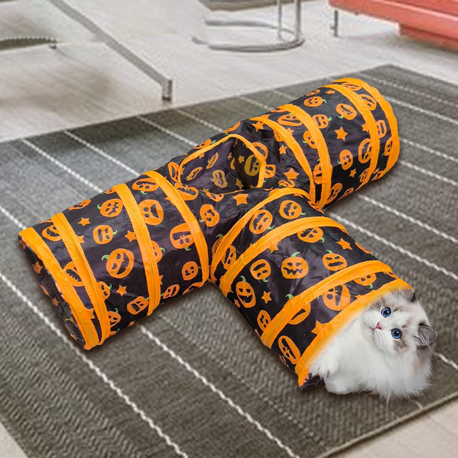 Katzen Tunnel Mit Kürbis Muster - Faltbarer Spieltunnel Für Katzen & Kätzchen