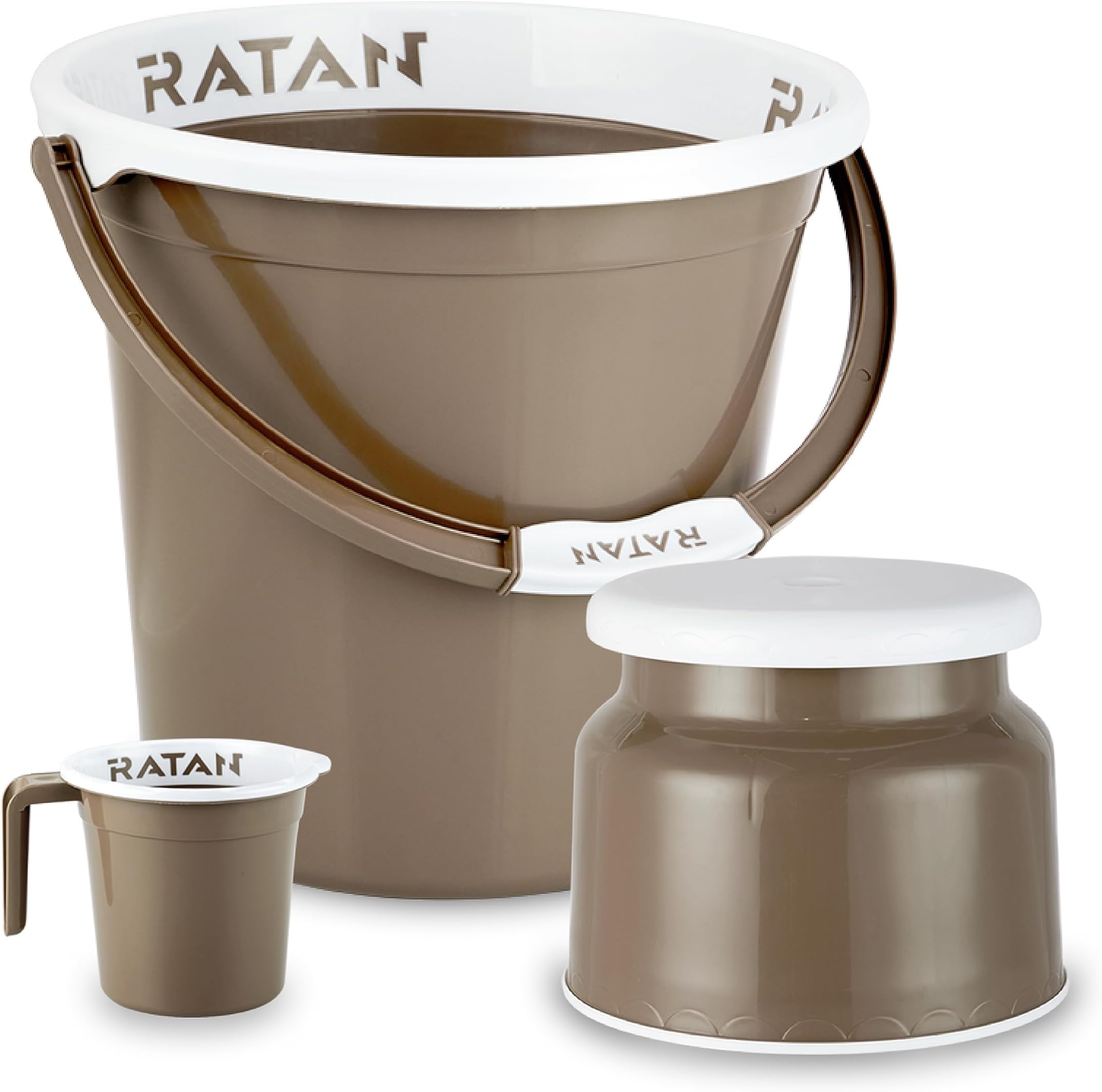 RATAN PLASTICWARE Plastic Bathroom Set of 3 Pieces Combo Pack Gloria Plain 18 Liters Bucket + Nova Stool Patla 107 + Gloria Plain Bath Mug 1 Liter Color Light Brown