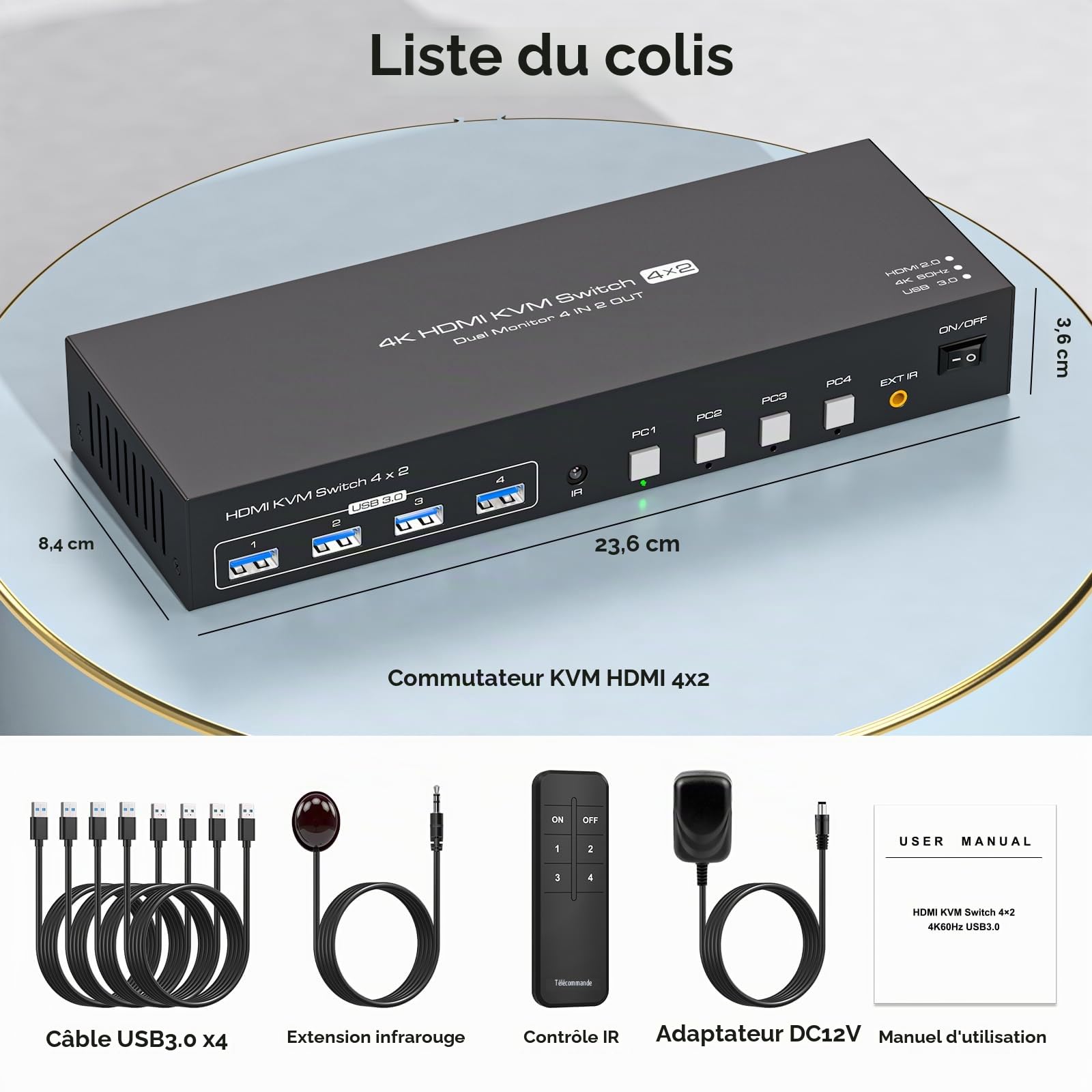 HDMI KVM Switch 4 PC 2 Monitor 4K60Hz Emulation Edid Commutateurs KVM 4 In 2 Out HDMI USB 3.0 Switch Pour 4 Ordinateurs 2 Moniteurs Et 4 Périphériques USB 3.0 Avec Télécommande IR