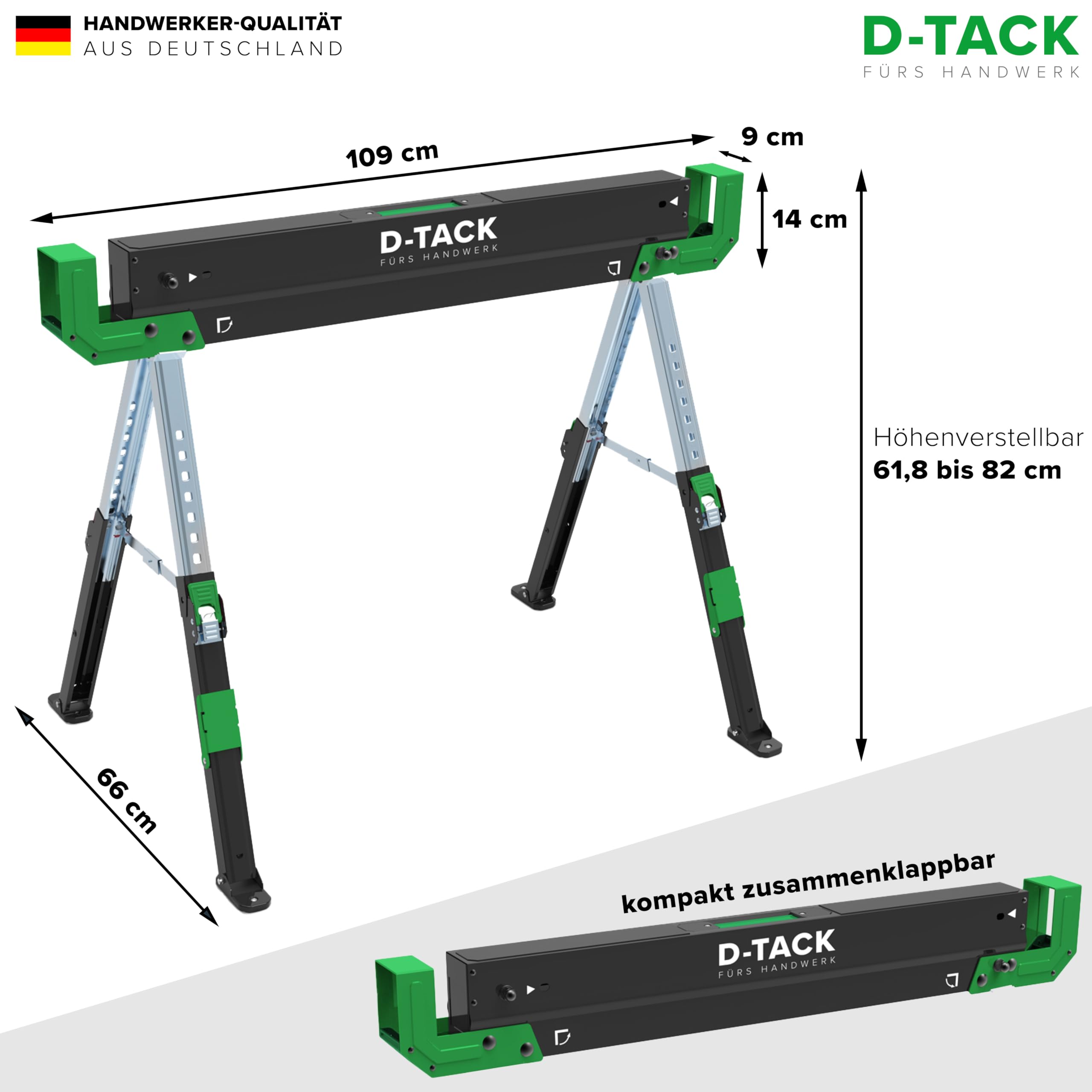 D-TACK 2x Arbeitsbock Multifunktion | Höhenverstellbarer Sägebock | Metallbock mit Anti-Rutsch-Beschichtung | Faltbock mit einer Tragkraft bis zu 1180 kg pro Paar