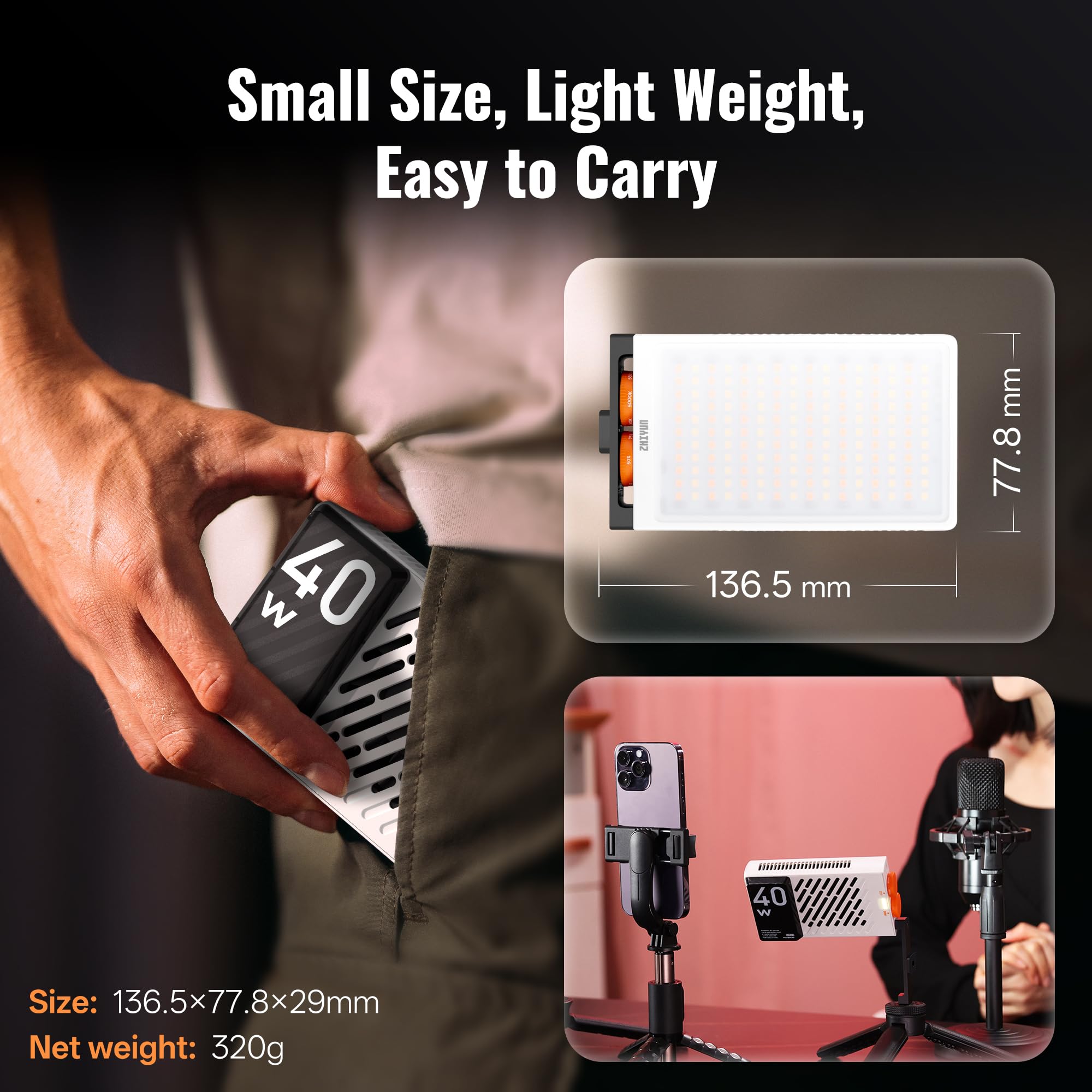 ZHIYUN FIVERAY M40 [Oficial] Luz de Video LED Cámara de 40W, Luz Continua Fotografia Portátil para Videocámaras DSLR, Fotografía Youtube TikTok, 14000 Lux, 2700K-6200K, CRI/TLCI 96+