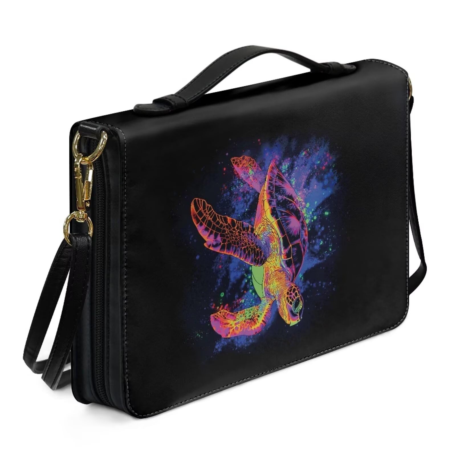 Kuiaobaty Sea Turtle Bible Case Large Leather Book Bag with Zip, Watercolor Splash Turtles Faux Leather Book Case Church Handle Book Bag for Women — image 1