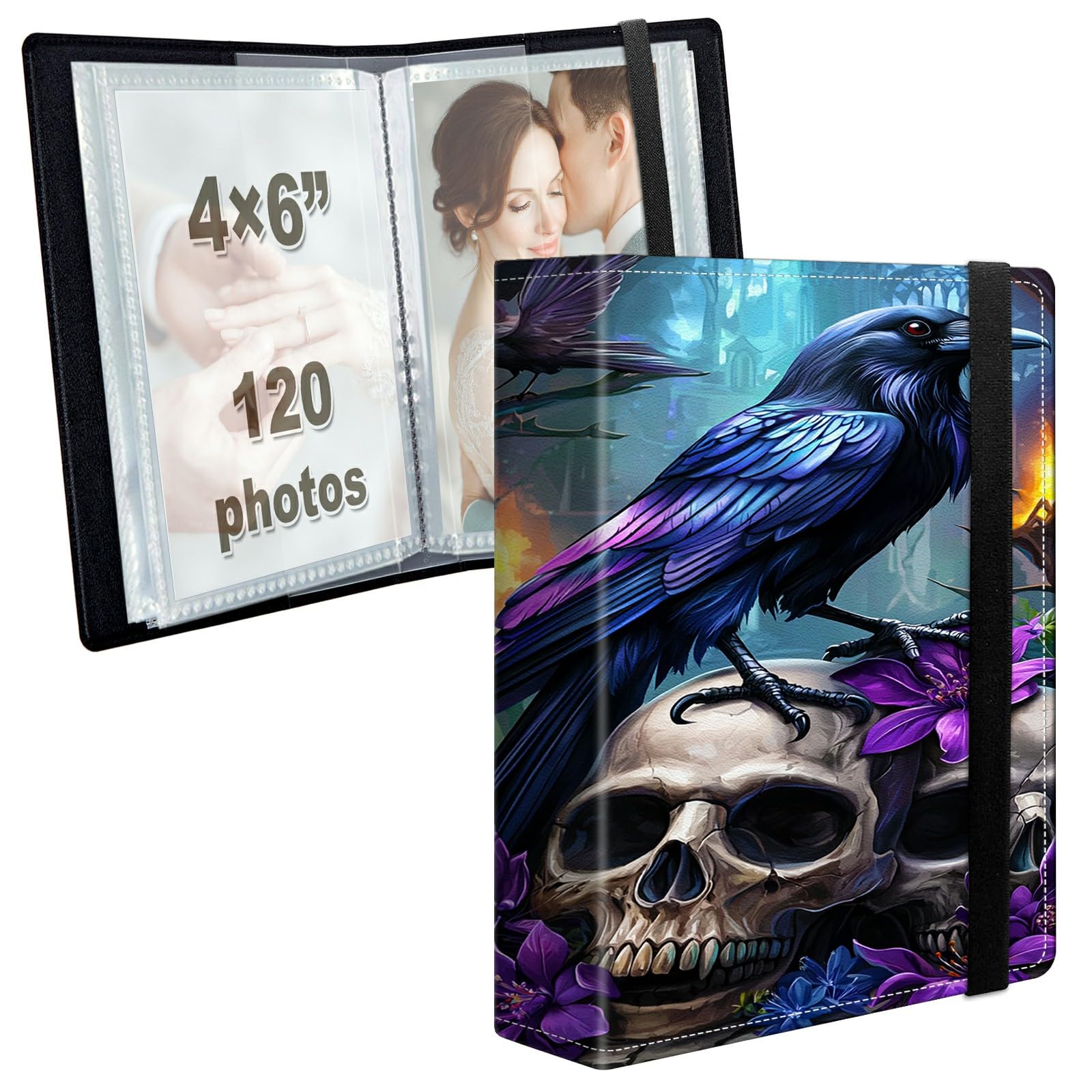 Photo Album 4x6 120 Photos with Strong Elastic Band, Raven Skull Garden