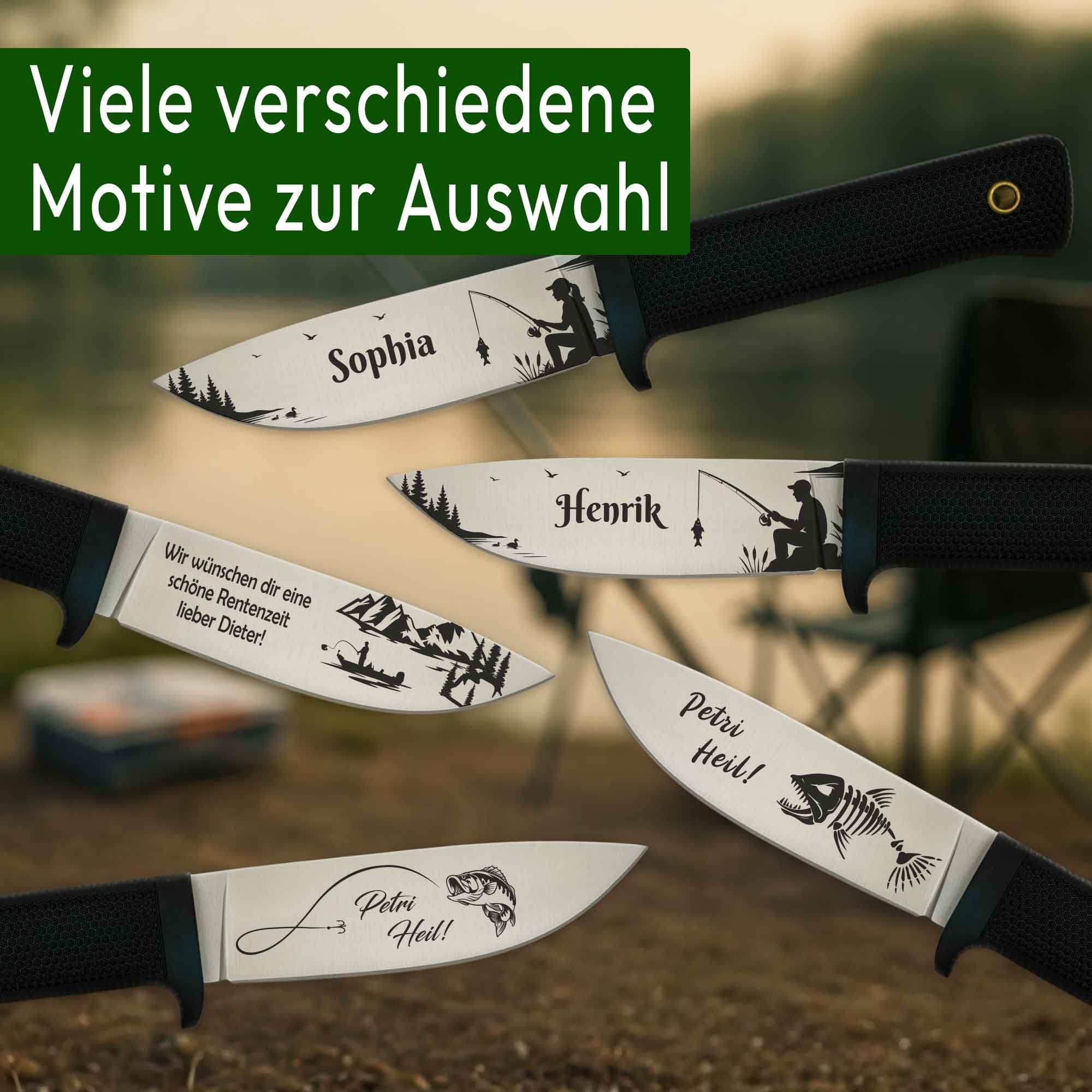 ADAM WILD Angelmesser mit Gravur | Anglermesser & Geschenke für Angler | Mit rostfreier Edelstahlklinge & gummiertem Griff | personalisiert mit Name & Motiv | inkl. Messerscheide | für Angeln