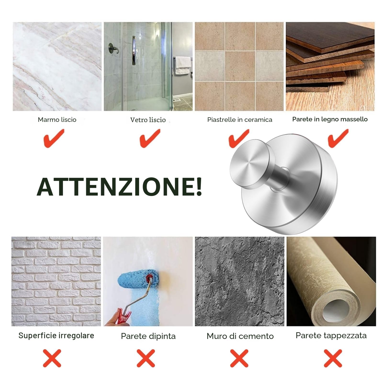 4 ganci a ventosa, ganci ventosa, rimovibili senza fori, ganci per asciugamani, in acciaio inox, per cucina, bagno, finestra liscia, vetro (argento)