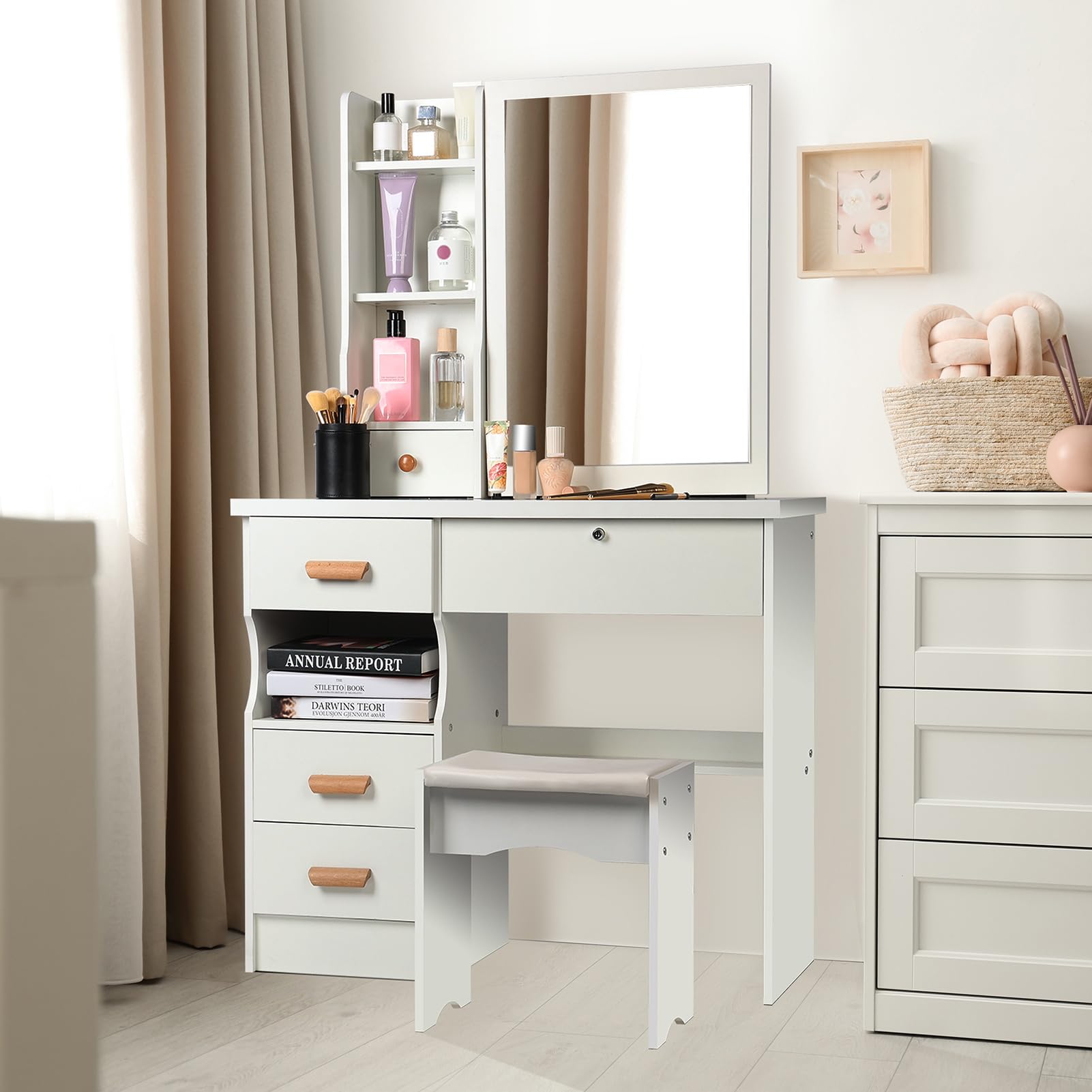 OSKOPWRC Vanity Desk with Sliding Mirror and Lights, Bedroom Dressing Table with Cushion Stool, 5 Drawers & Shelves, Hidden Storage Space White