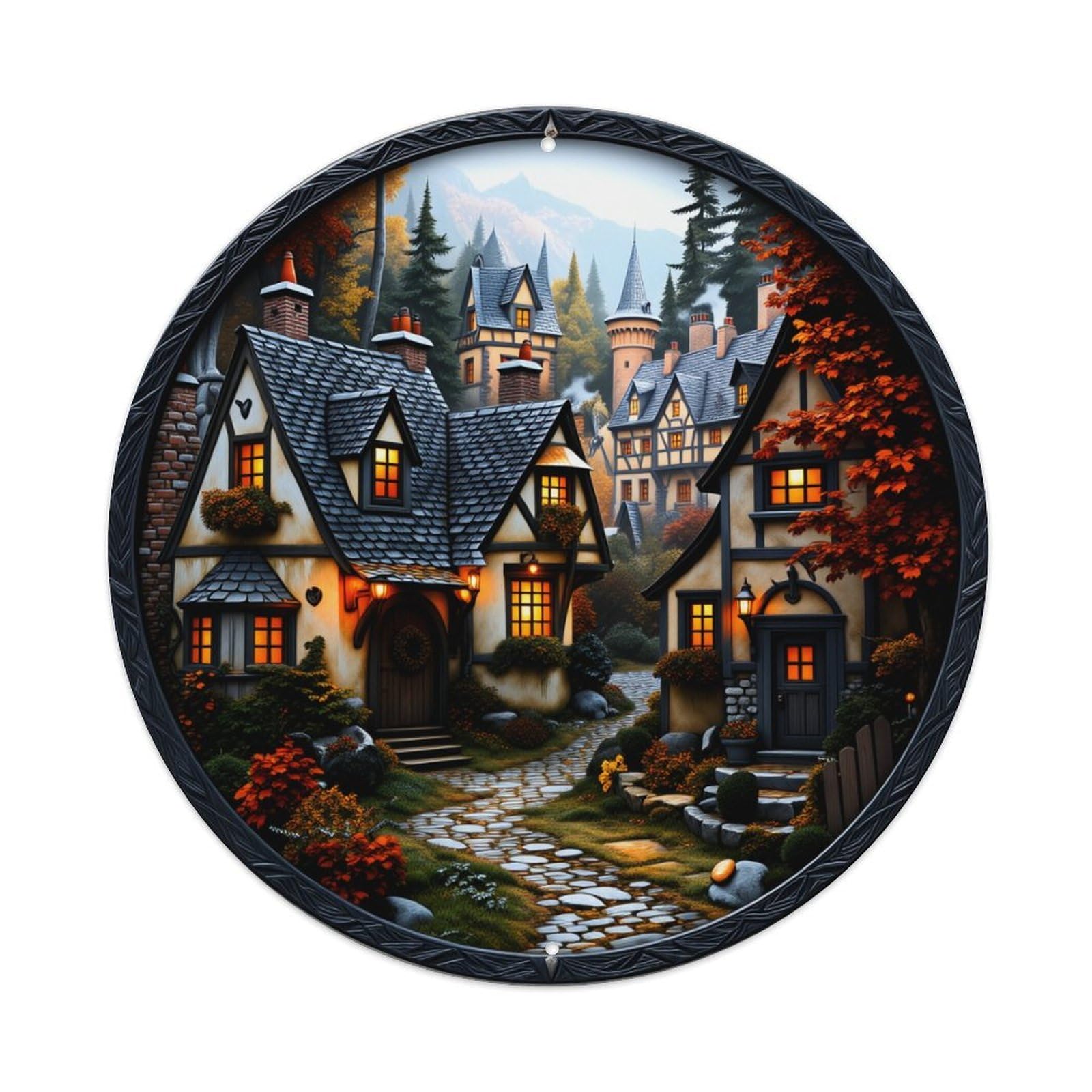 Wmlzdnwr Vintage Enchanted Village Cottage Scene Autumn Landscape Round Tin Sign,Retro Wall Art,Metal Poster For Home, Bar, Garage, Cafe, Rustic Indoor & Outdoor Decor, 8X8 Inches