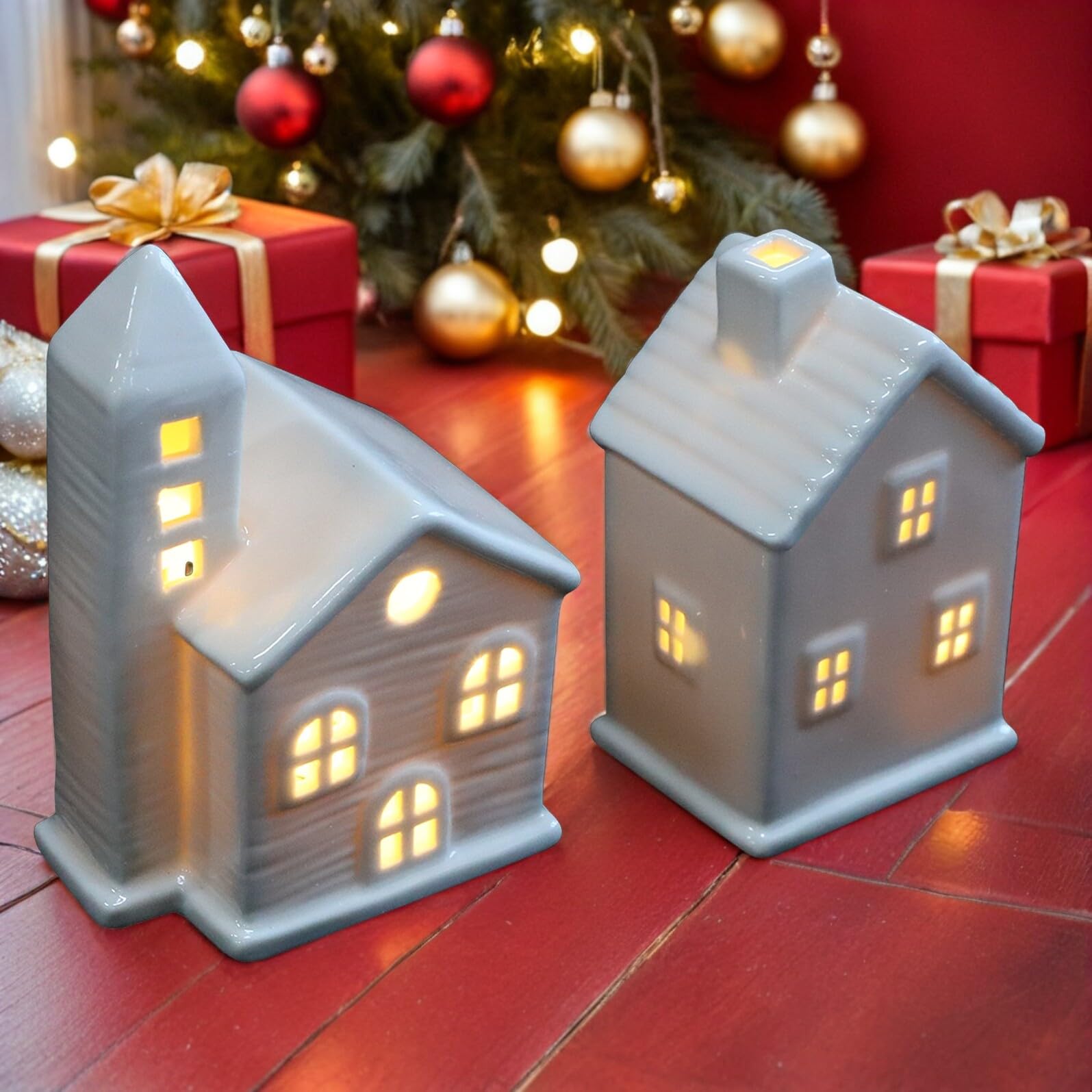 Uonlytech Casas Navideñas de Cerámica con Luces LED Cálidas, Adorno Elegante para Mesa y Árbol en Hogar Estilo Pueblo Rústico, Pack de 2 Piezas