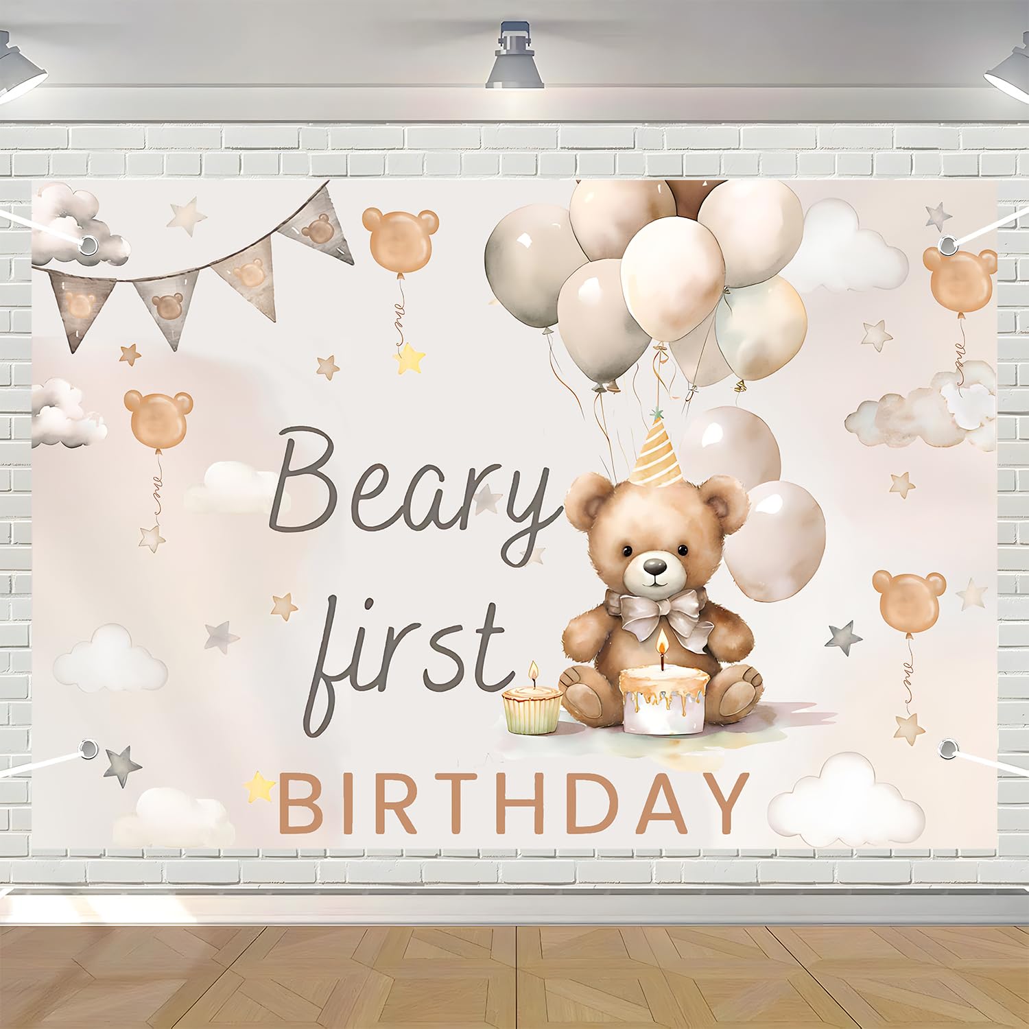 Beary First Birthday Backdrop Banner (Brown)
