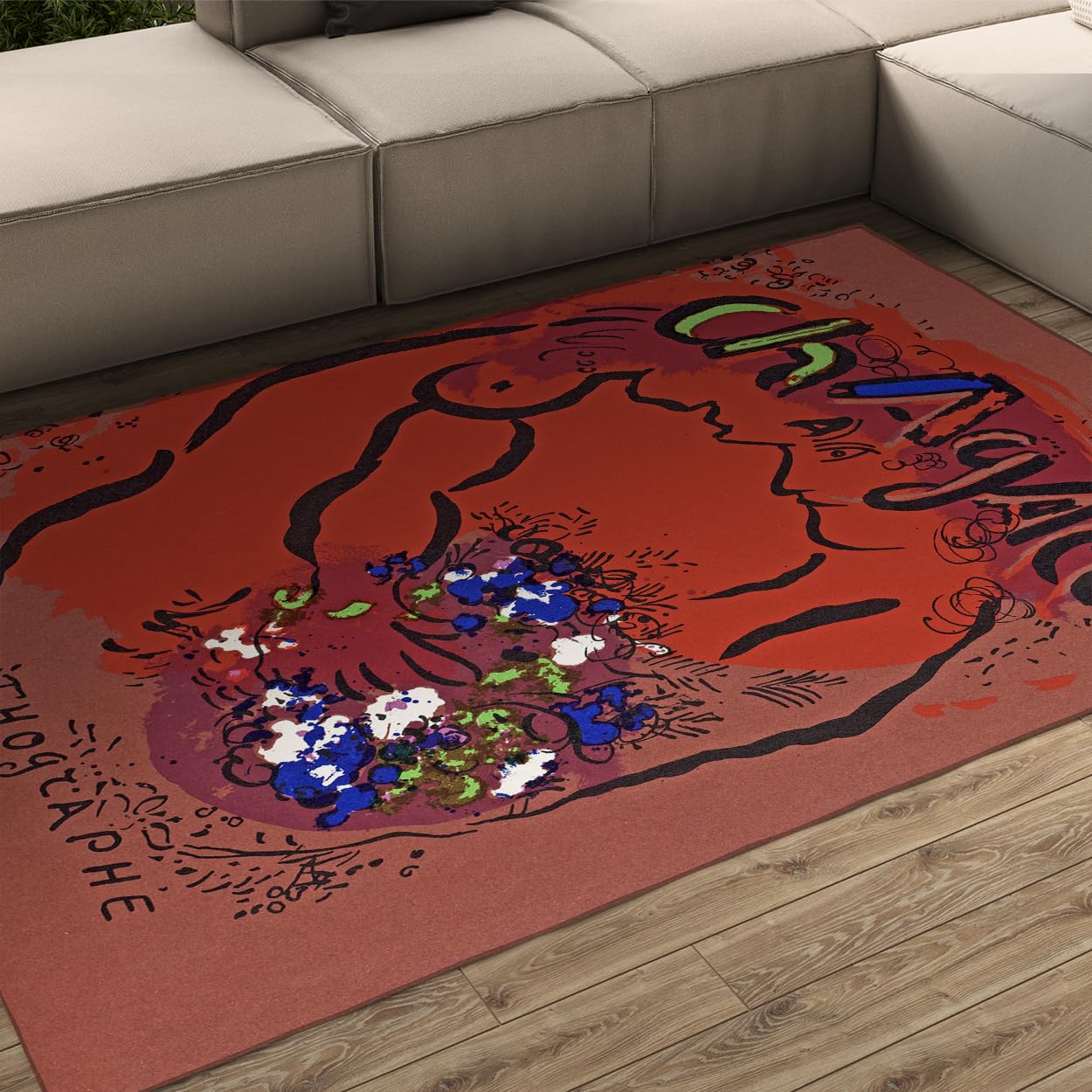 Tapis 180x240cm Marc Chagall imprimé grand format rouge brique et bleu cobalt pour salon
