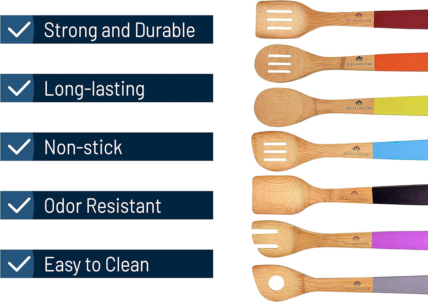 RoyalHouse Wooden Kitchen Utensils Set, 7 Piece Bamboo Cooking Tools, Cooking Spoons and Spatulas with Colored Handles, Non-Stick Wooden Spoons for Cooking