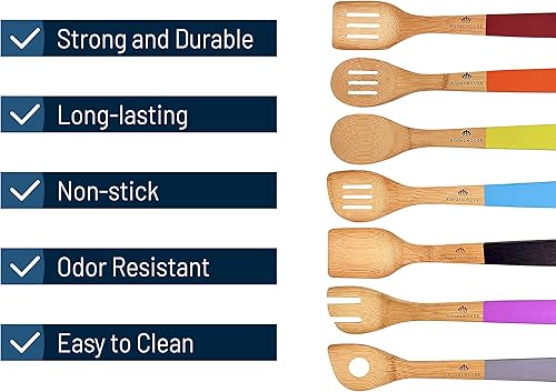 Miniatura 5 de RoyalHouse Juego de utensilios de cocina de madera, 7 herramientas de cocina de bambú, cucharas de cocina y espátulas con asas de colores, cucharas