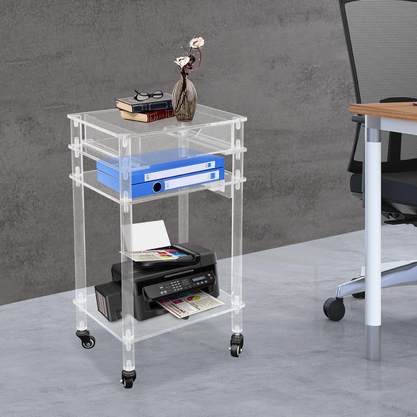 Support d'imprimante moderne en acrylique transparent avec ports USB, table d'imprimante multifonction avec roues et tiroir pour la maison, le bureau, le salon, la chambre à coucher