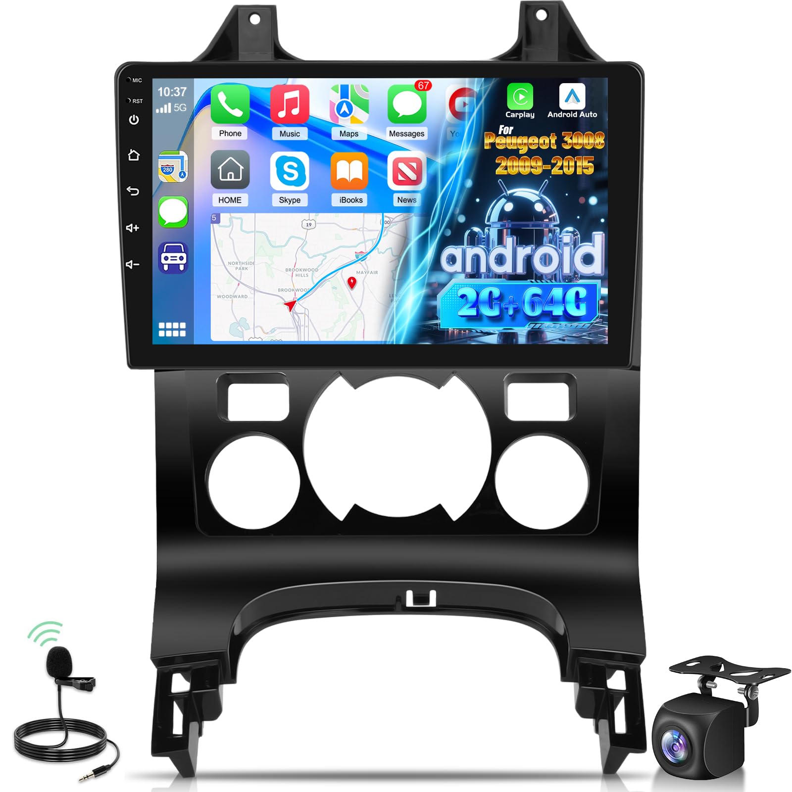 Autoradio pour Peugeot 3008 2009-2015, [2G+64G] Android 9 Pouces Touch Screen Radio with Wireless Carplay and Android Auto/Bluetooth/WiFi/Bluetooth/EQ/FM RDS Radio