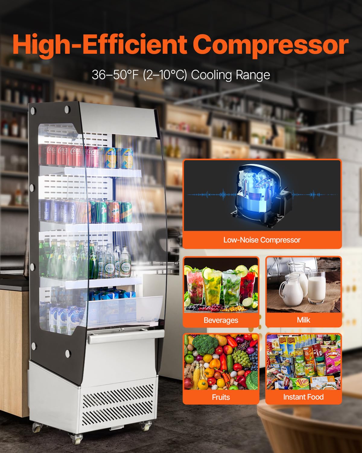Happybuy Open Air Merchandiser, 3-Tier Shelving Commercial Refrigerator. Grab and Go Display Cooler with Air Curtain, 4 Swivel Wheels and LED Light. For Restaurants, Stores and Office. 7.8cu.ft.