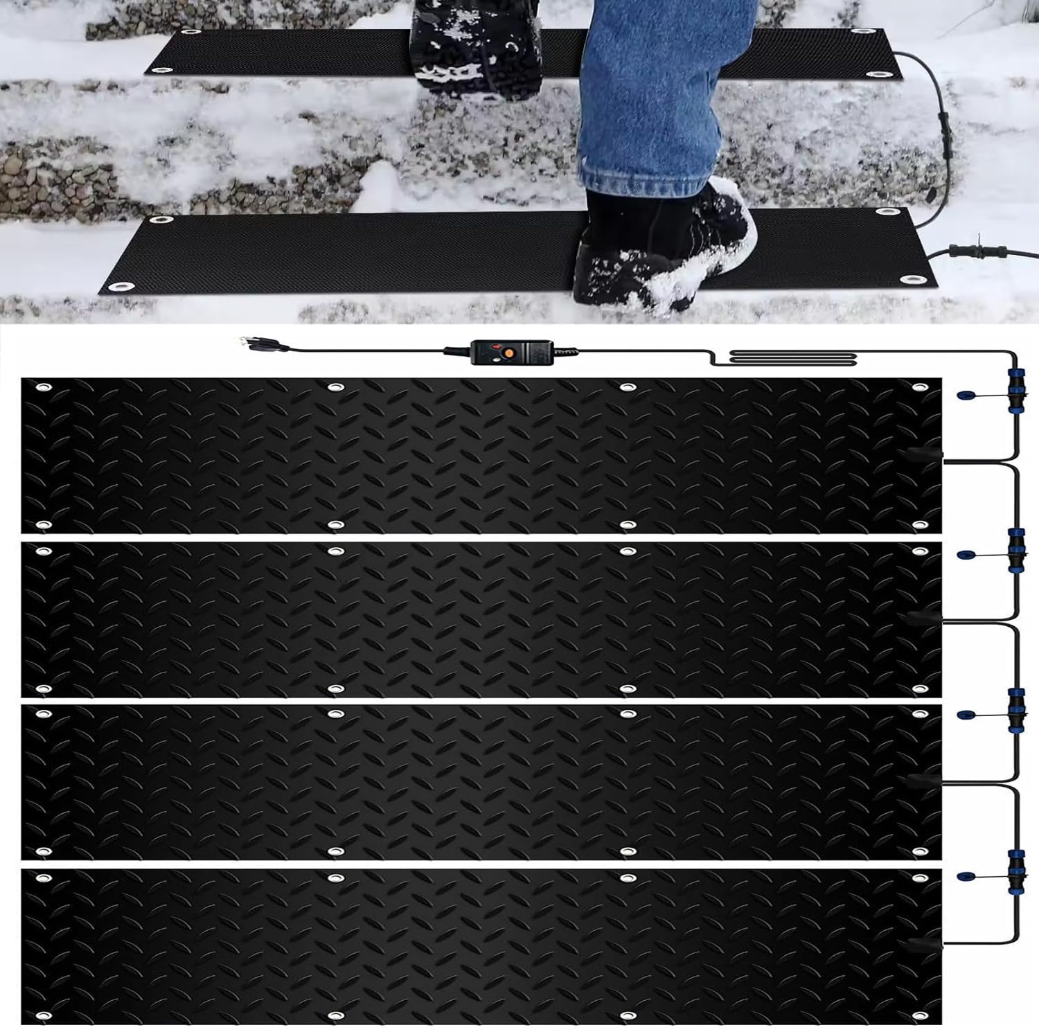 iumLeap Heated Snow Melting Mats for Stairs,Heated Snow Melting Mats Outdoor with Timer,for Driveway Walkway Decks and Sidewalks Connection Power Cord for Winter Stairs(4 Pcs-10inx35.4in (25.4x90cm))