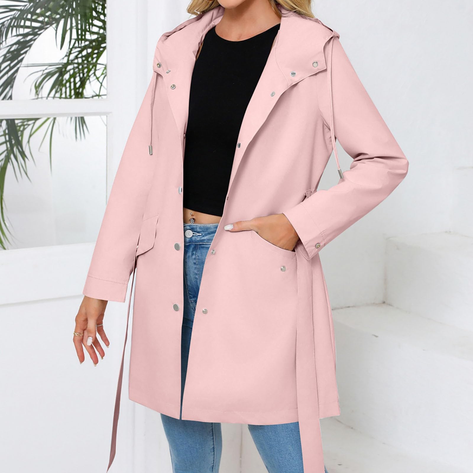 Trench Donna Primaverile Autunnale Trench da Donna in Tinta Unita Cappotto Classico Antivento Giacca Cappotto Leggero Giacca a Vento Impermeabile Windbreaker Giacche con Tasche