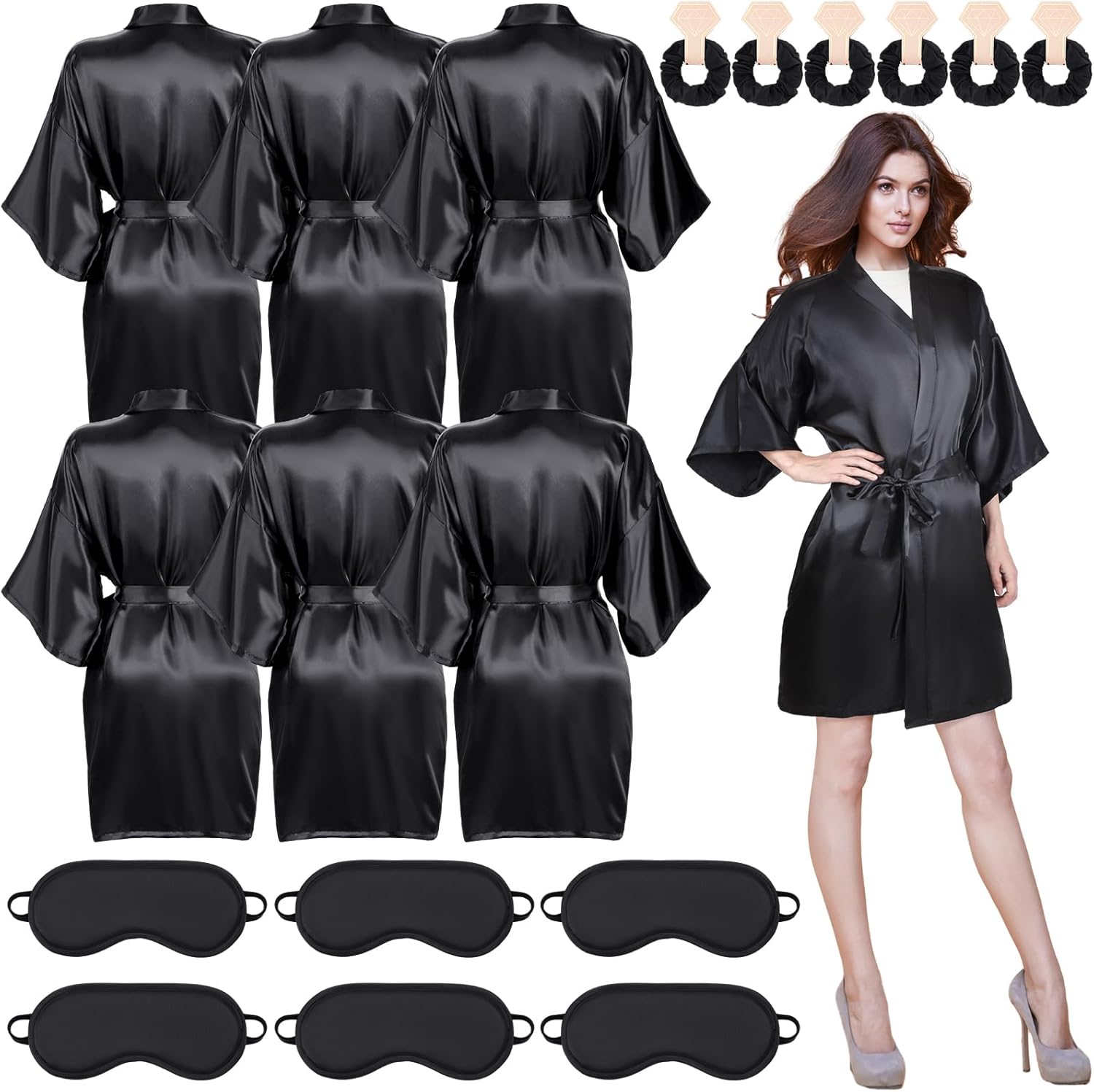 Xtinmee 6 Pcs Women's Satin Robe Bride Bridesmaid Short Kimono Robes with Scrunchies Patch Bulk Wedding Party Spa Sleepwear