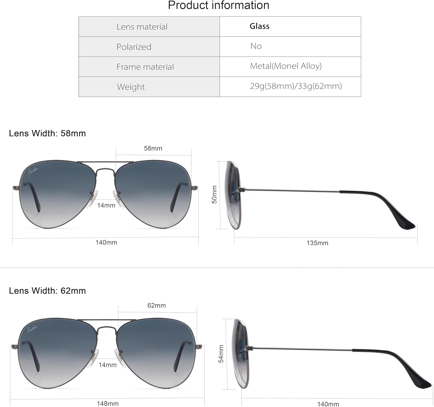 Classic Aviator Style Gray Gradient Glass Lenses Bronze Metal Frame Sunglasses For Men Women 100% UV400 Protection 58mm