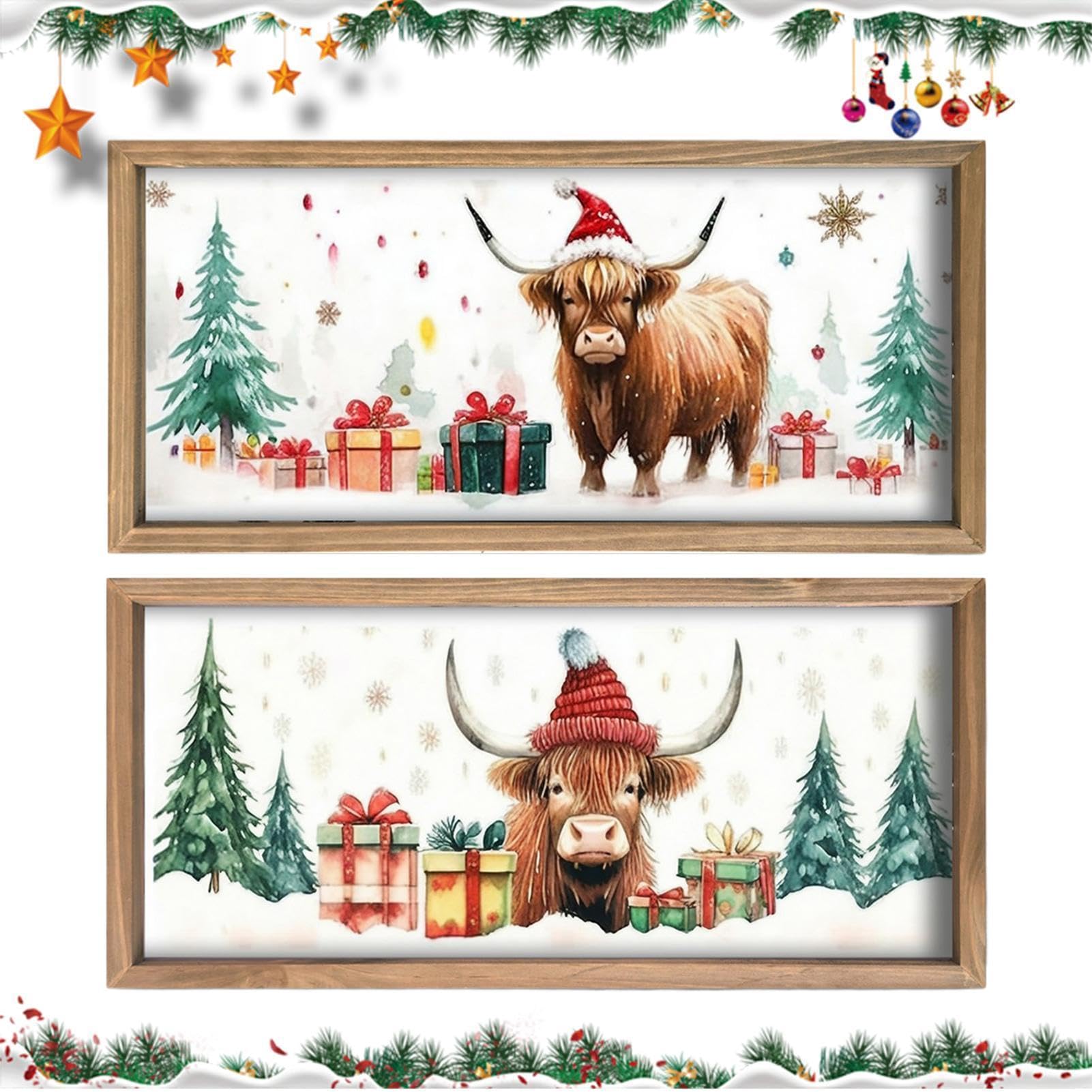 Décor Mural Vache De Ferme Impression Animalière de Noël Encadrée en Bois