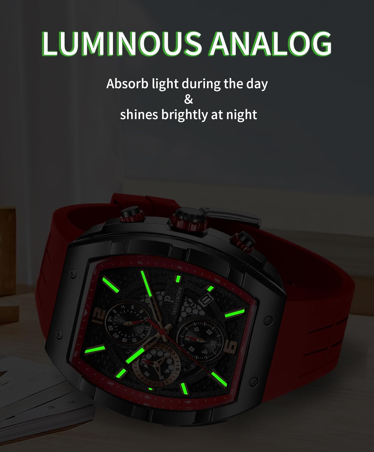 Mens Watches Luxury Tonneau Watch for Men Quartz Japanese Movement Waterproof Luminous Sport Red Dress Watch, Gifts for Men - Image 6