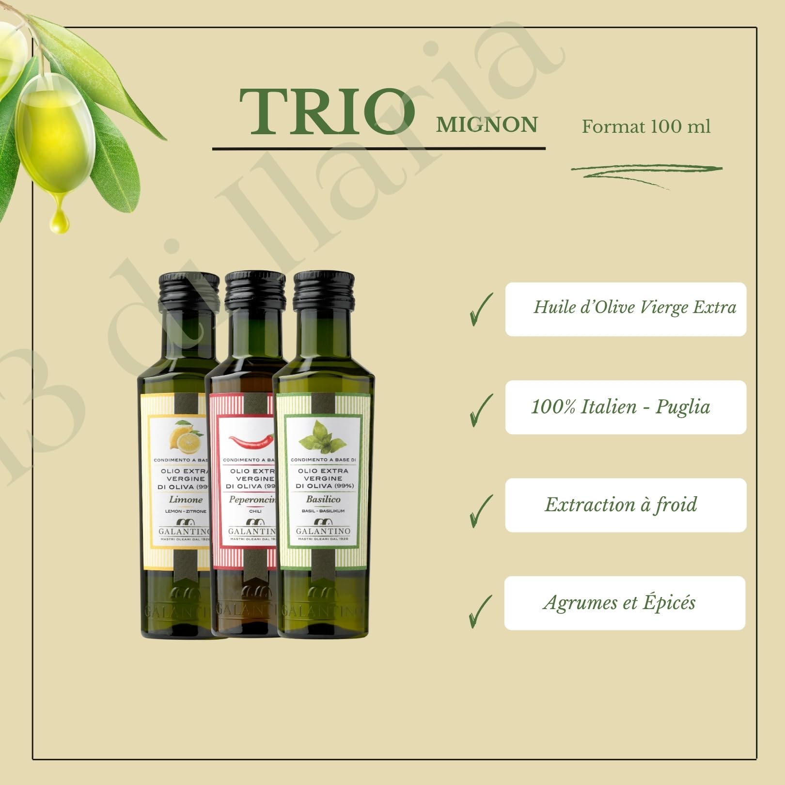 Coffret Découverte Huiles d’Olive Italiennes 3x100ml | Trio Gourmet d’Huiles Extra Vierges Aromatisées | Citron, Basilic & Piment | Cadeau Gastronomie Italienne | Citron, basilic et piment • Extraits à froid • Idéal pour dégustation et cadeau