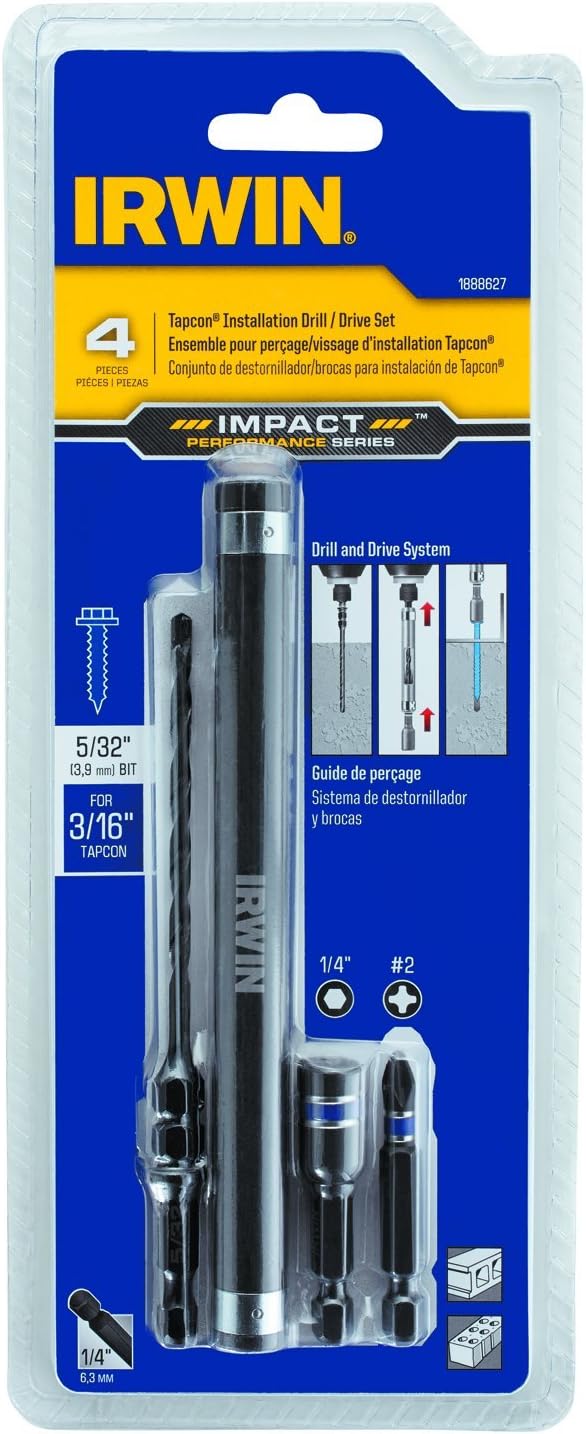 IRWIN Tools 1881080 Impact Performance Series Concrete Screw Drill-Drive Installation Set for 3/16-Inch and 1/4-Inch Screws, 7-Piece