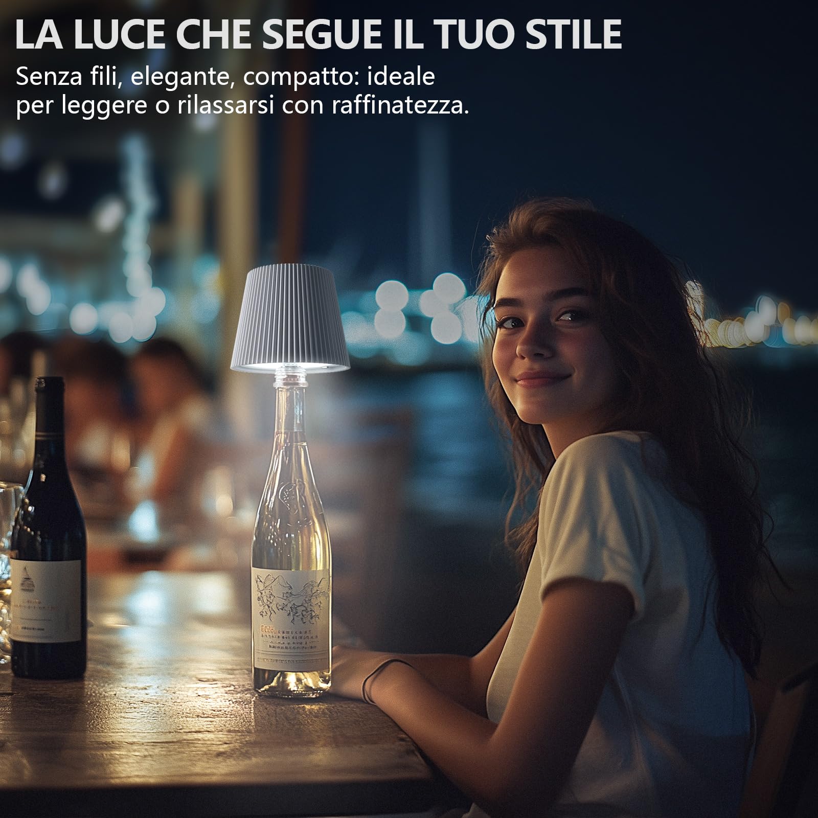 Beaeet Lampada da Tavolo a Bottiglia Senza Fili Ricaricabile via USB, con 3 Colori e Luminosità Regolabile, Ideale per Camera da Letto, Terrazza o come Regalo per le Festività, Bottle Lamp bianco