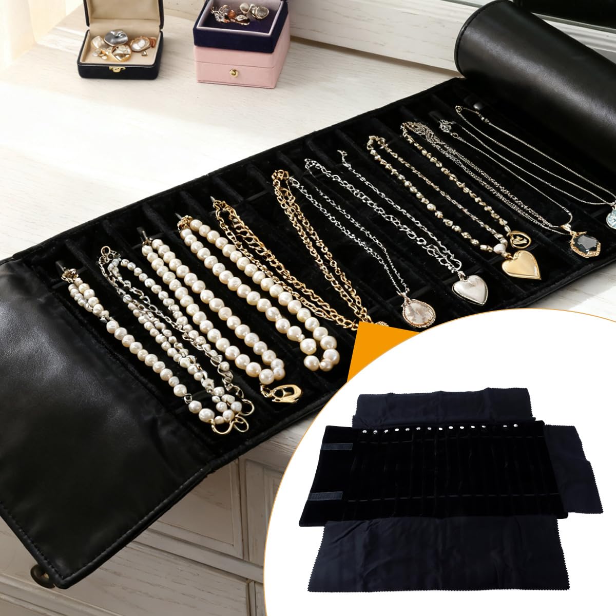Ausi Organizador de viaje plegable para joyas, bolsa de almacenamiento para collares, pulseras y pendientes, color negro, con capacidad para 16 collares y banda elástica.