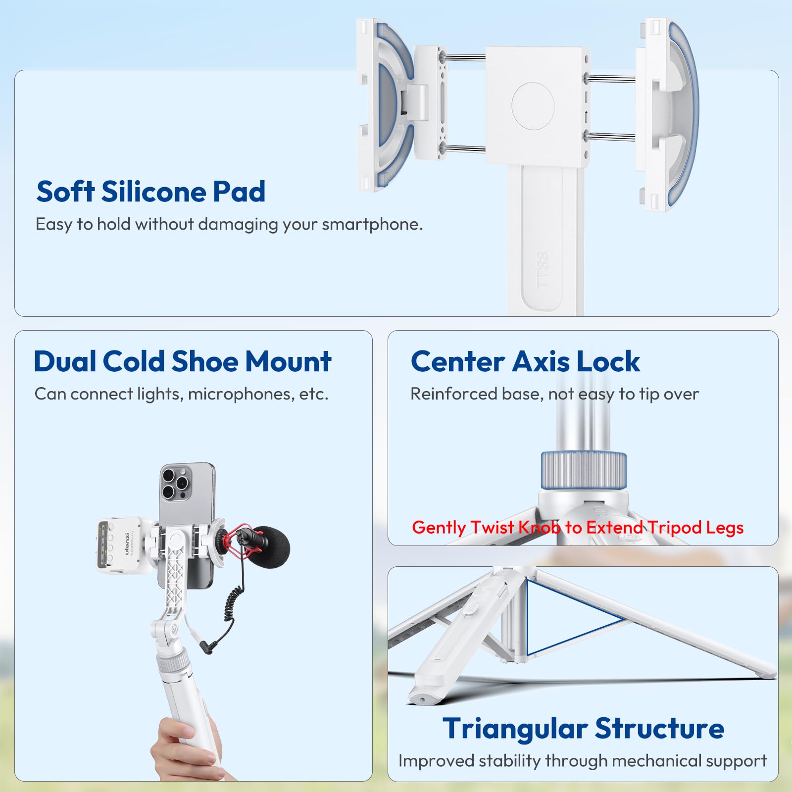 ULANZI TT88 - Trípode Extensible para teléfono, Soporte magnético para Selfie de 57 Pulgadas con Clip 2 en 1, White trípode de Montaje de Zapata fría Compatible con iPhone, Ligero para Viajes
