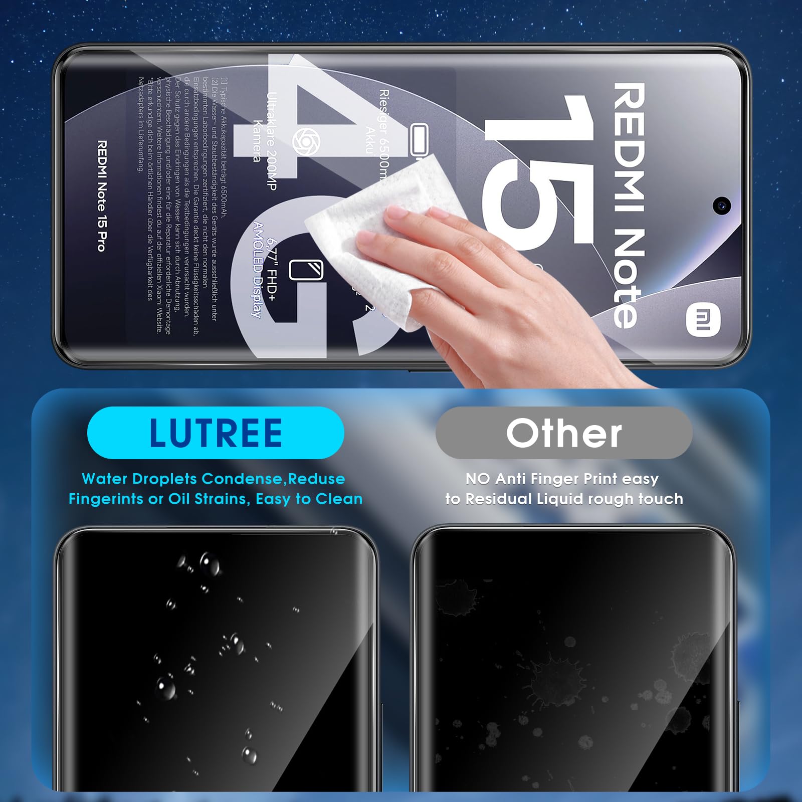 Lutree per Xiaomi Redmi Note 15 Pro 4G Vetro Temperato, 2+2 Pezzi 3D Pellicola Protettiva + Pellicola Fotocamera, HD Durezza 9H Vetro Protettivo, Senza Bolle Anti-Graffio Protezione Schermo
