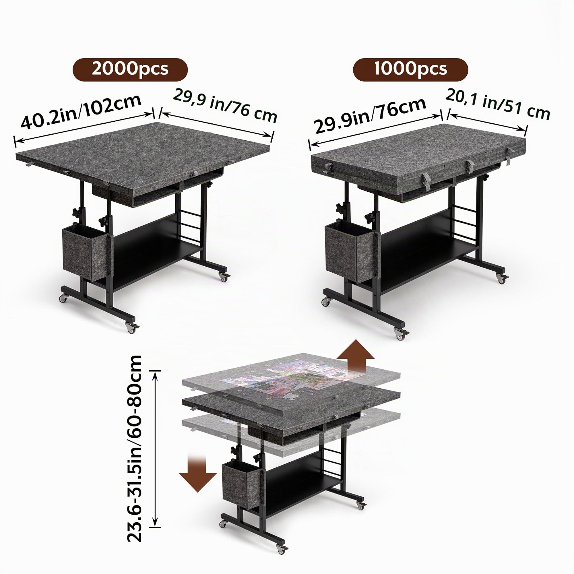 Tektalk Table de Puzzle Pliable en Feutre de 2000 pièces avec réglage de la Hauteur, Planche de Puzzle pour Adultes avec 2 couvertures et 8 Plateaux de tri/tiroirs, chevalet avec Pieds, fermée avec 4