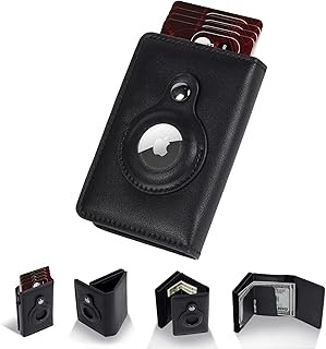 Leather Airtag Slim Wallet For Men & Woman - Pop Up Money Clip Wallet for Apple Airtag (No Airtag Include) - RFID Blocking Card Holder for Man Holds Up 8 Cards, Black, Fashion Minimalist