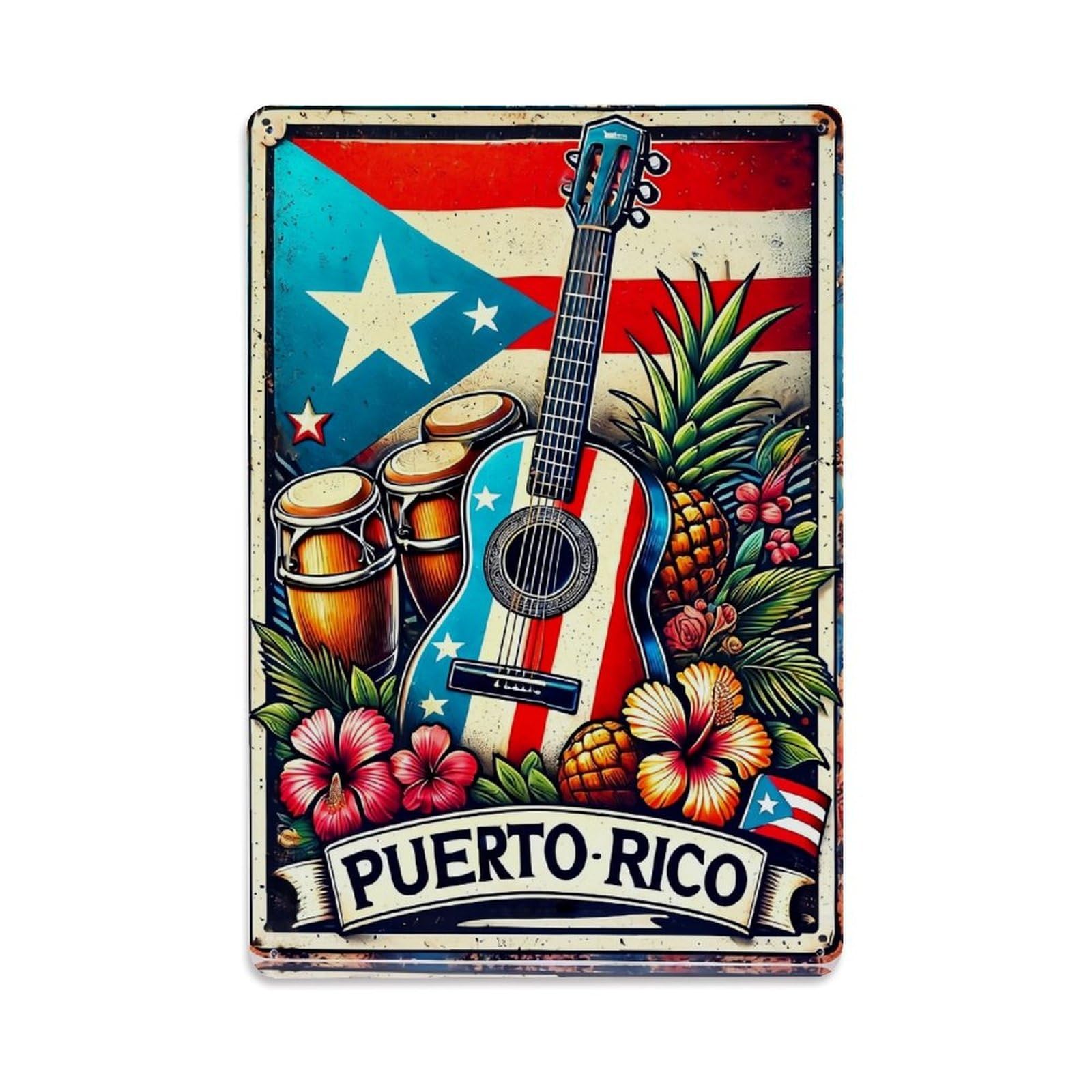 Jdfenggu Vintage Puerto Rico Flag Guitar Pineapple Retro Metal Tin Sign, Metal Poster For Bar, Home, Man Cave, Kitchen, Laundry Room Art Decor 8X12 Inch