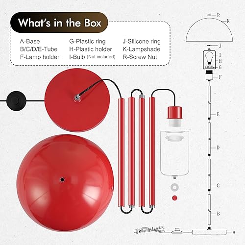 Miniatura 8 de Lámpara de pie, lámparas de pie industriales rojas para sala de estar, lámpara de pie de 65.6 pulgadas, pantalla de cúpula de hongo retro, metal