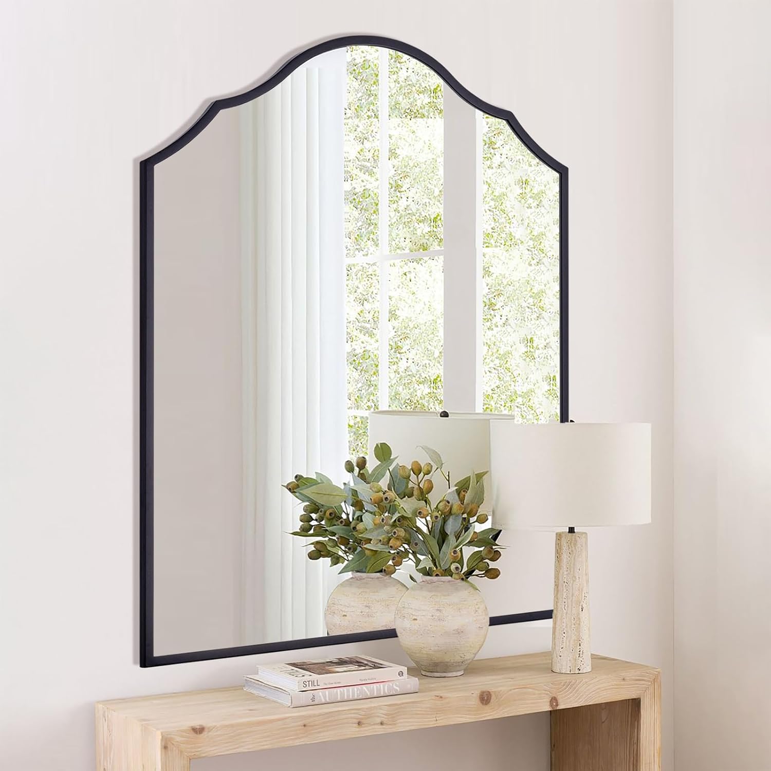 Espejo decorativo de pared, espejo de baño negro, espejo de tocador con marco de metal, espejo de acento moderno para sala de estar, entrada y