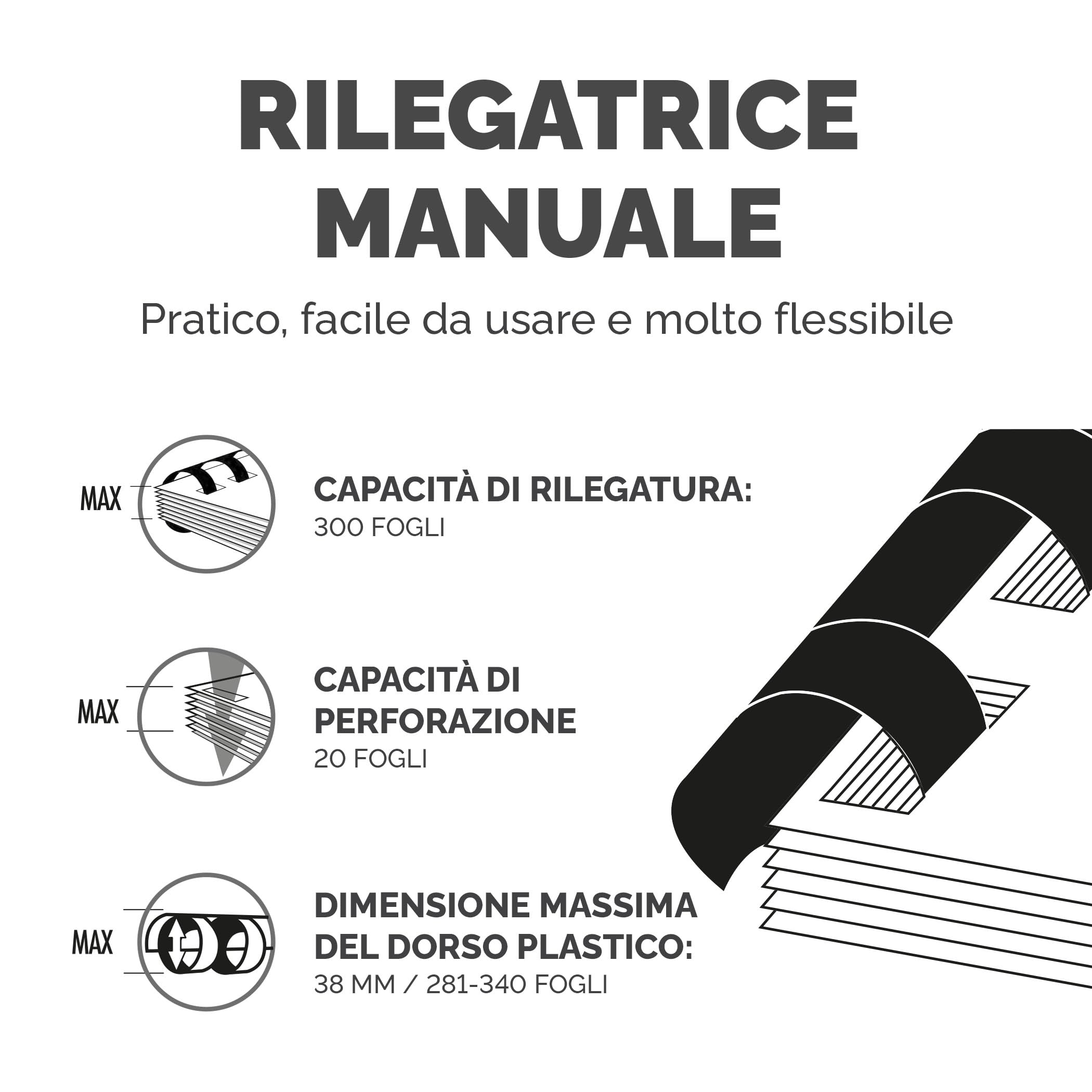 Fellowes Pulsar+ Rilegatrice manuale – Perfora 20 fogli A4 – Rilega 300 fogli – Include 10 copertine trasparenti – Ideale per casa e piccolo ufficio