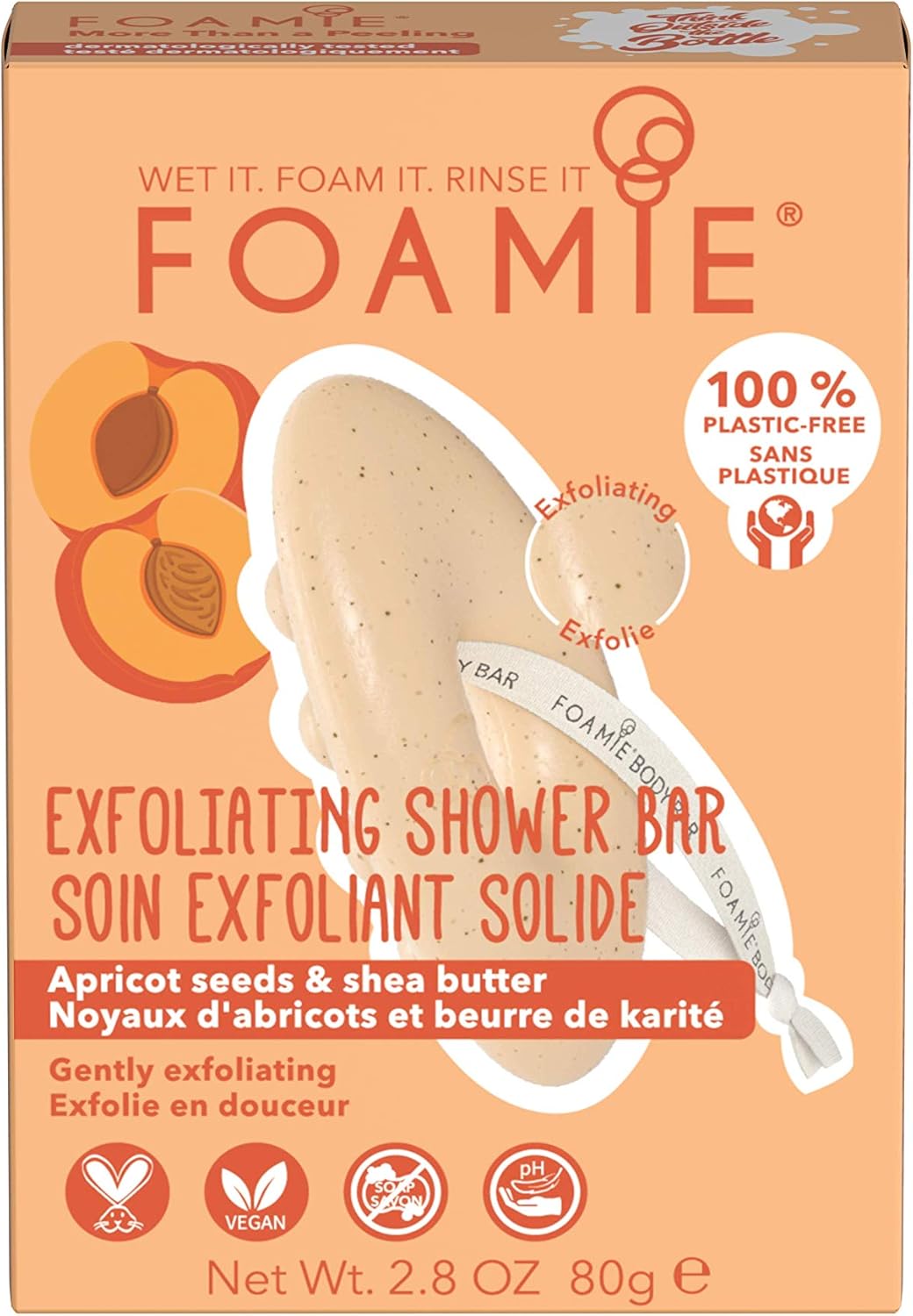 Foamie Solid, natural foam care for the body, 100% vegan plastic, not tested on animals, shea butter and apricot seeds