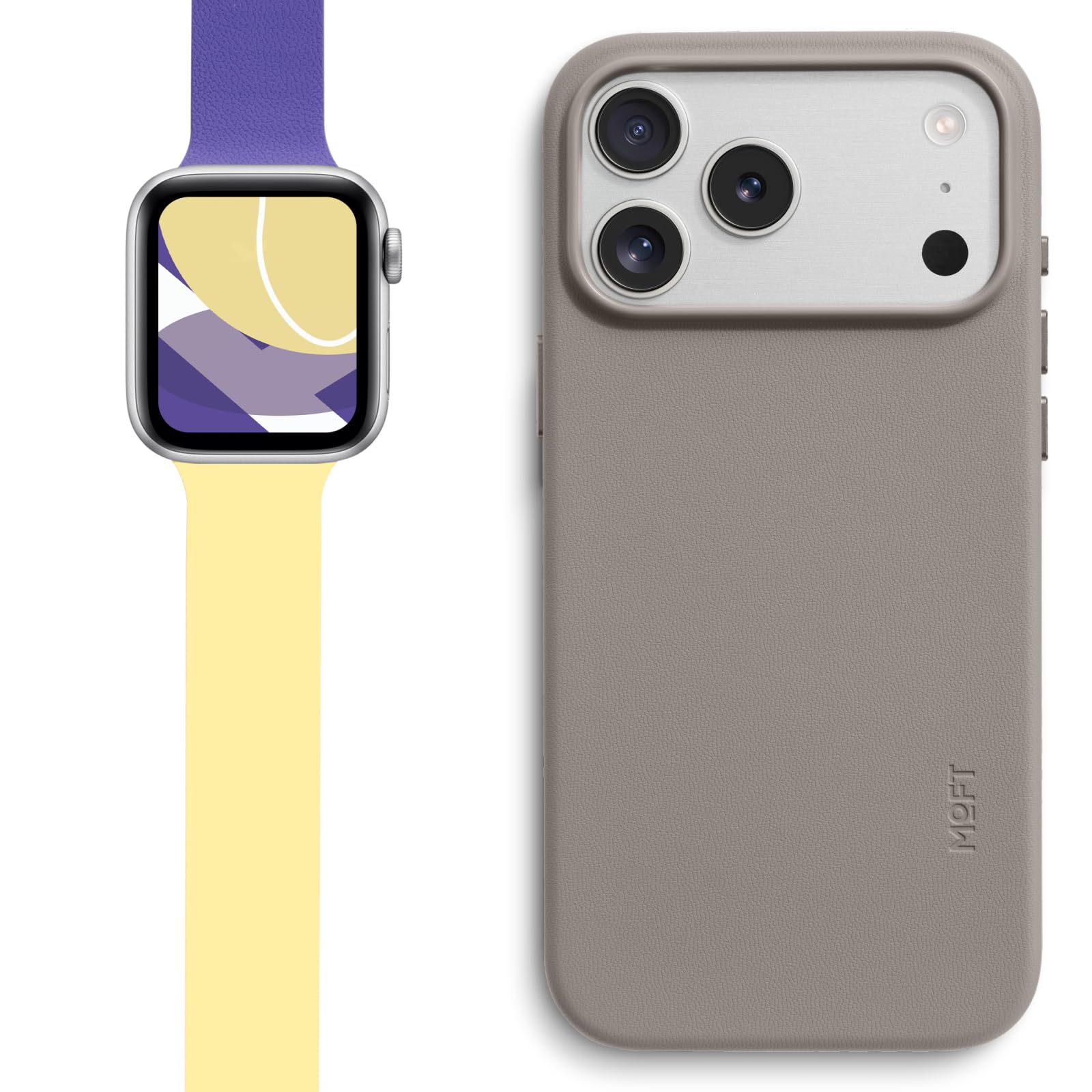 MOFT Snap Duo Watch Bands Compatible with Apple Watch 42mm(S3-1)/44mm/45mm/46mm/49mm Strike Yellow x Poise Purple & MOVAS Snap Case for iPhone 17 Pro Max Taupe