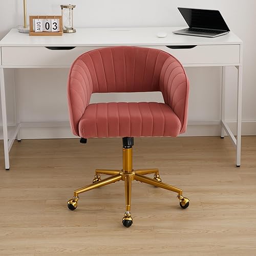 Miniatura 2 de Westice Sillas de escritorio de oficina en casa, moderna silla de escritorio de terciopelo, silla giratoria de altura ajustable con base dorada,