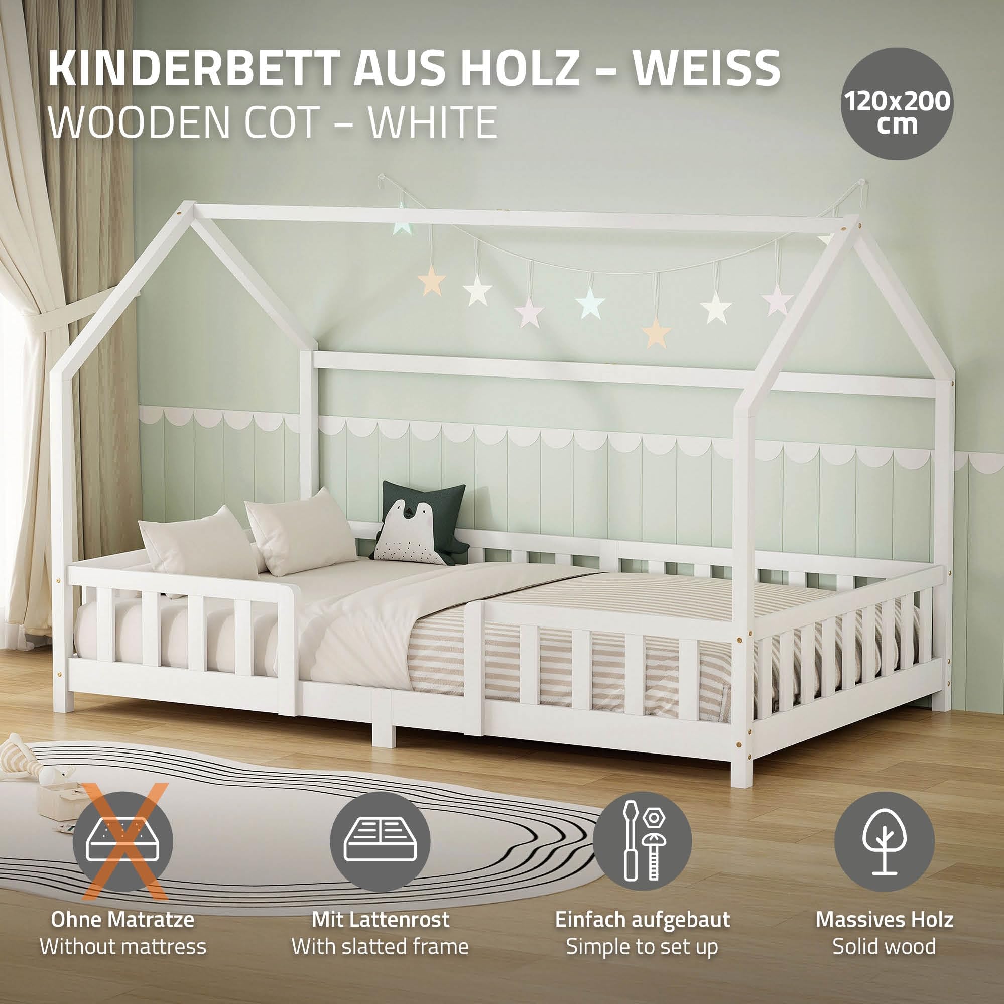 ML-Design Letto a Casetta per Bambini 120x200 cm Una Piazza e Mezza con Protezione Anticaduta, Tetto e Rete a Doghe, Bianco, Letto Montessori a Terra in Legno Massello di Pino, per Cameretta