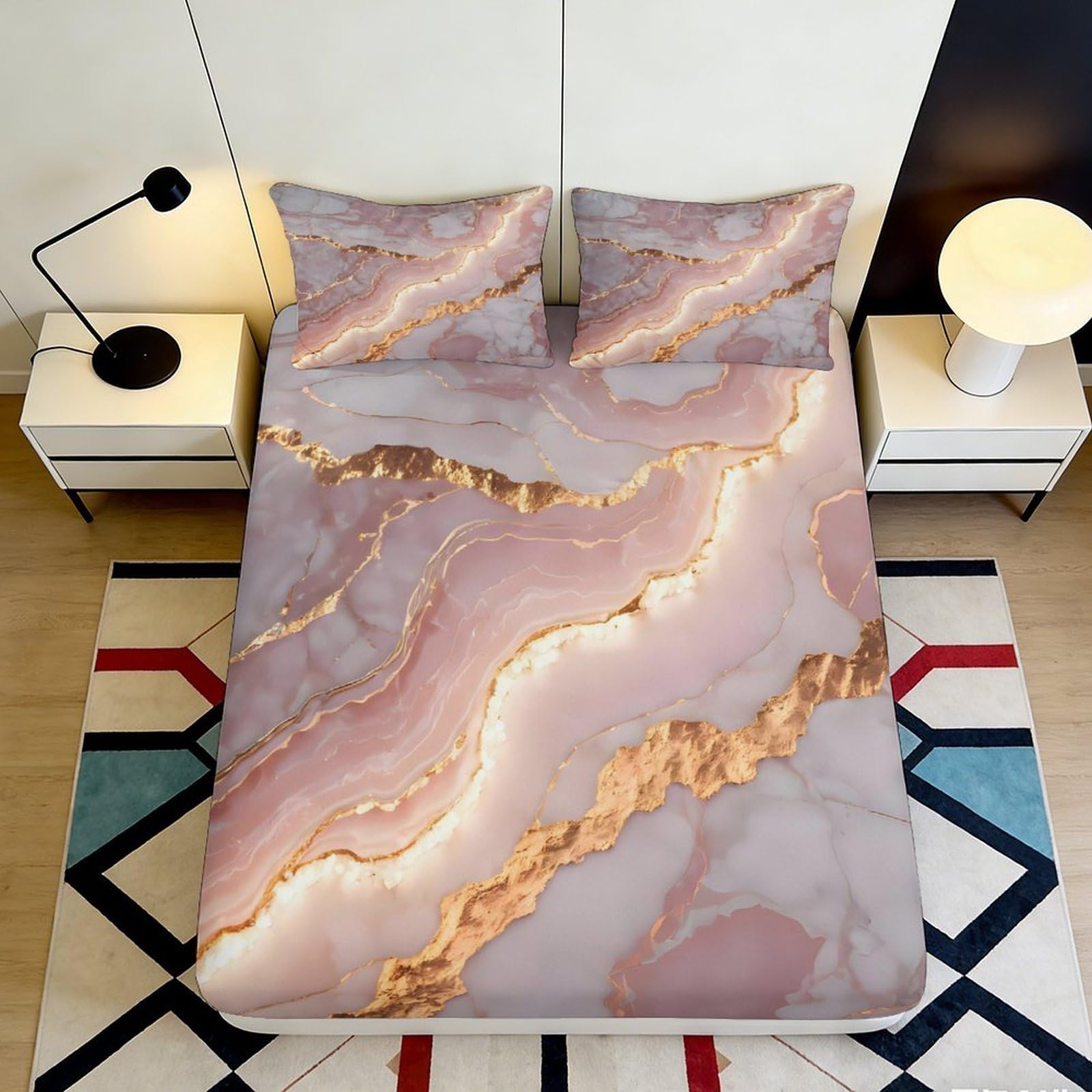 3D Printed Pink Marble Fitted Sheet Microfiber Soft Breathable Gold Vein Mattress Cover for Bedroom Dorm Decor 90x200x25cm