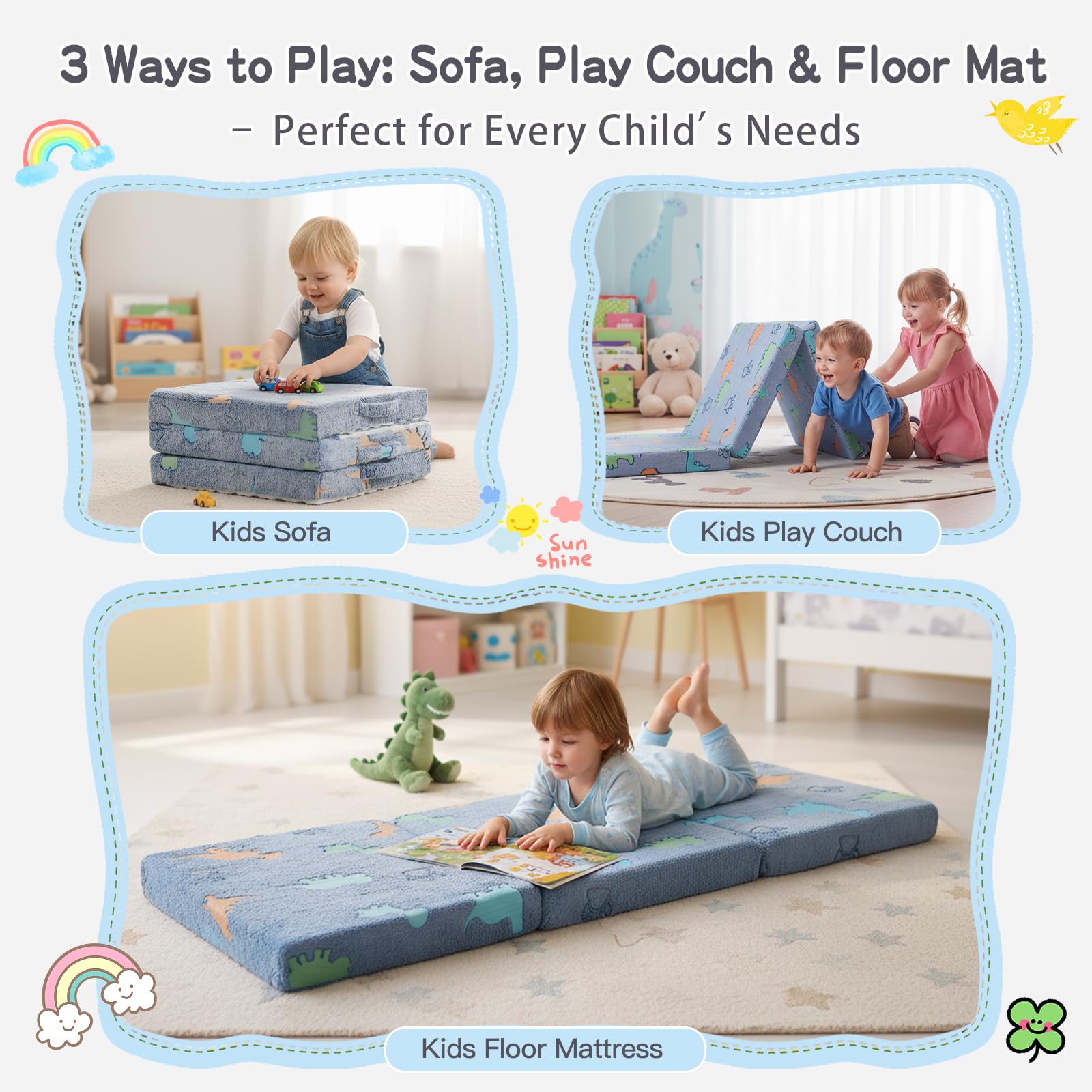 Divano Che Si Illumina Al Buio Divanetto Pieghevole Per Bambini - Materasso Futon 3 In 1, Si Illumina Al Buio, Lavabile, Blu Poltrona Bambini