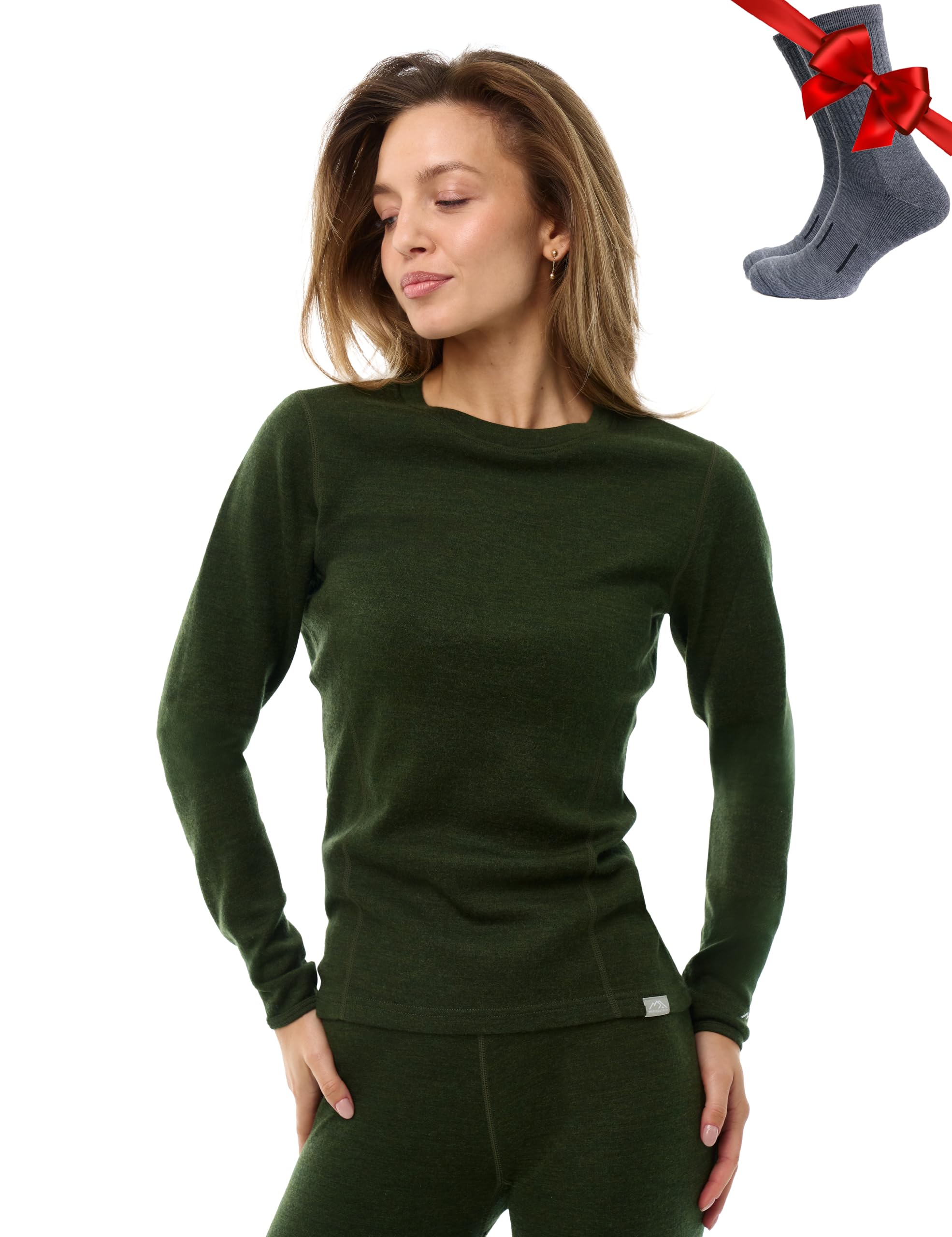 Merino.tech Women's 320 Army Green Merino Wool Base Layer — 100% Merino Wool Long Sleeve Thermal Shirts Heavyweight, Midweight, Lite + Wool Socks (Small, )