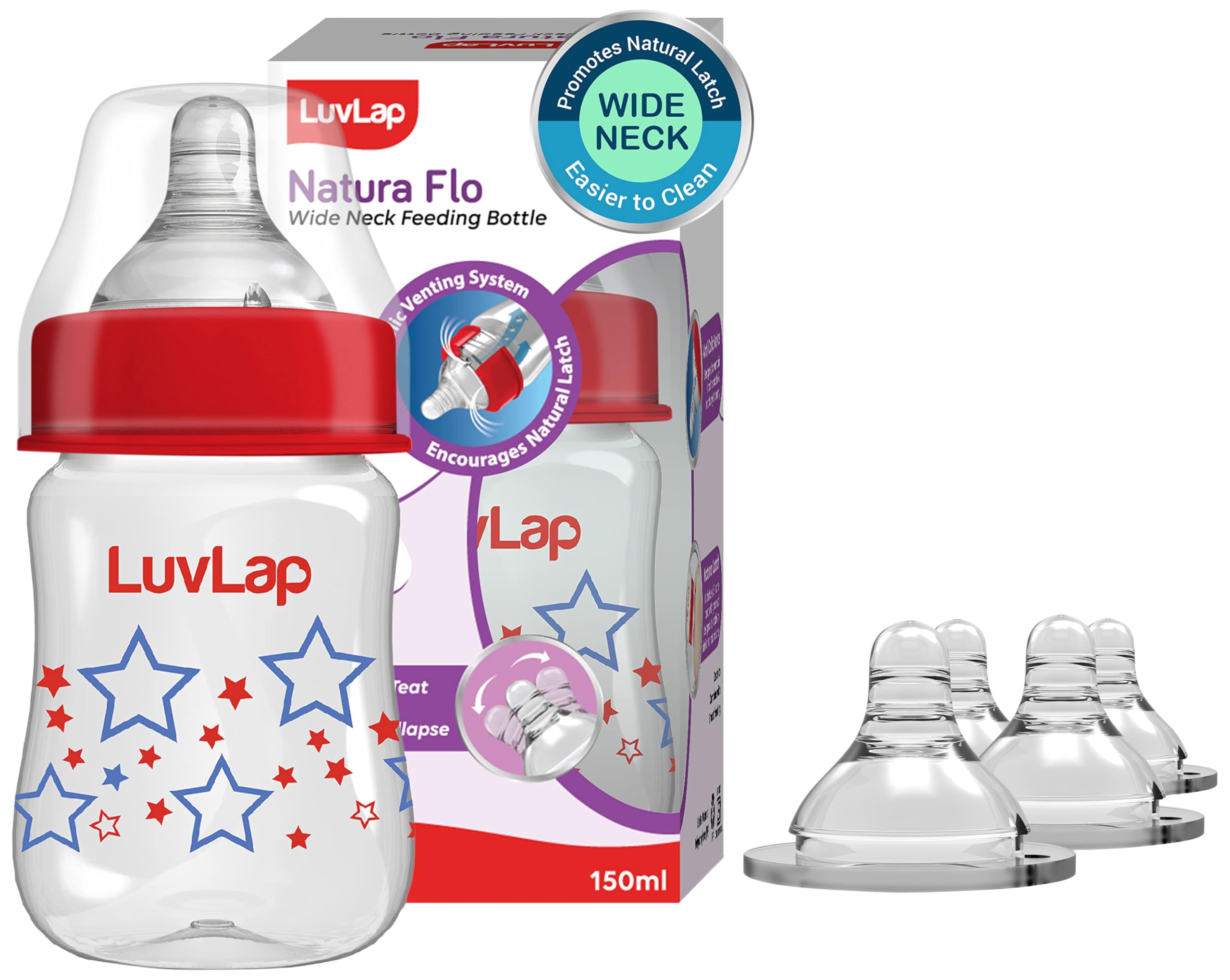 Luvlap Anti-Colic Natura Flo Teat/Nipple for Wide Neck Bottle, 4pcs, Fast Flow, 6m+ & Luvlap Anti-Colic Wide Neck Natura Flo Baby Feeding Bottle, 150ml